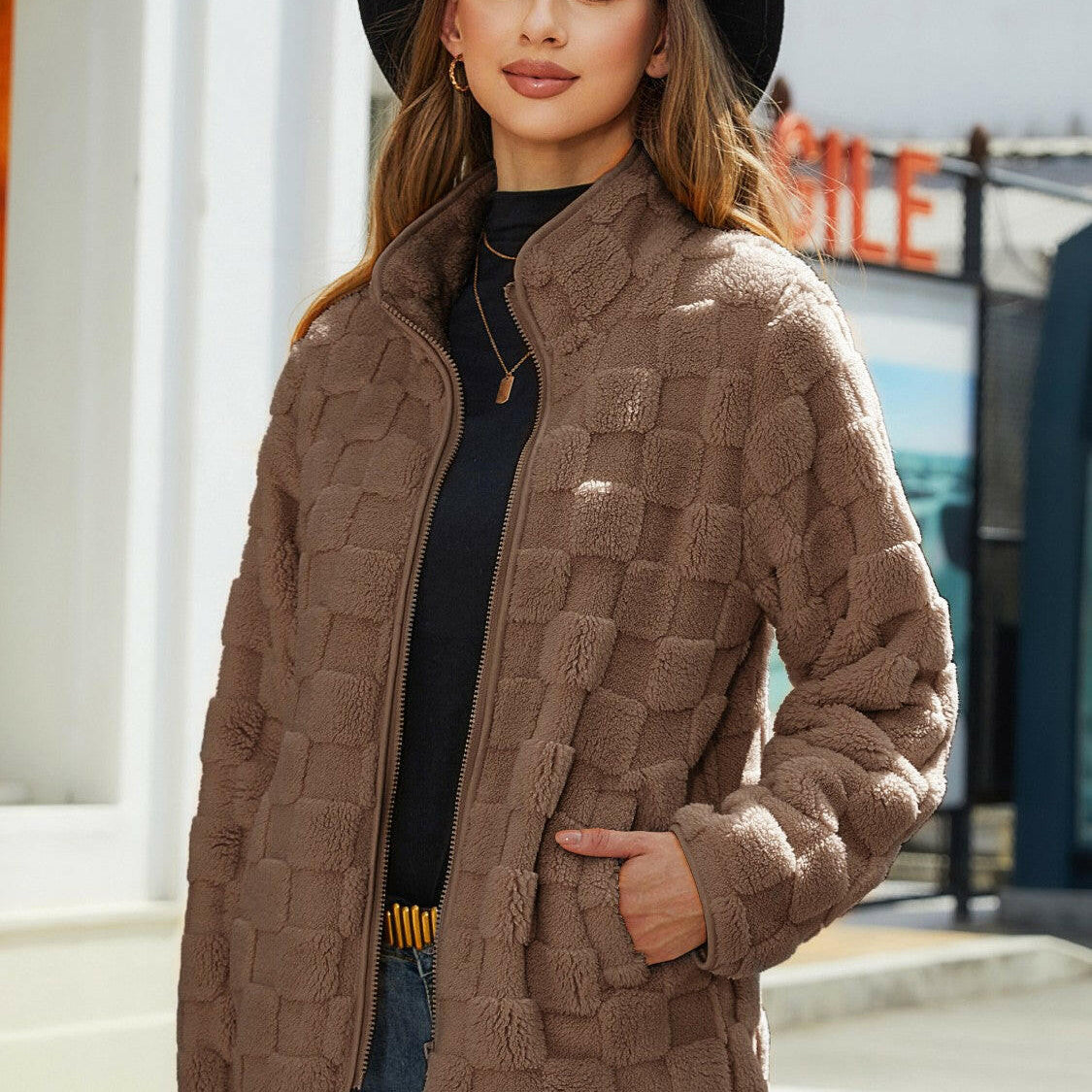 Fuzzy Checkered Zip Up Jacket-Krush Kandy, Women's Online Fashion Boutique Located in Phoenix, Arizona (Scottsdale Area)