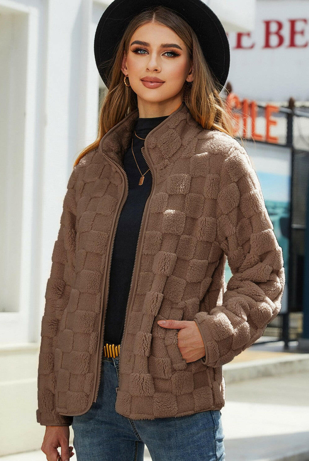 Fuzzy Checkered Zip Up Jacket-Krush Kandy, Women's Online Fashion Boutique Located in Phoenix, Arizona (Scottsdale Area)