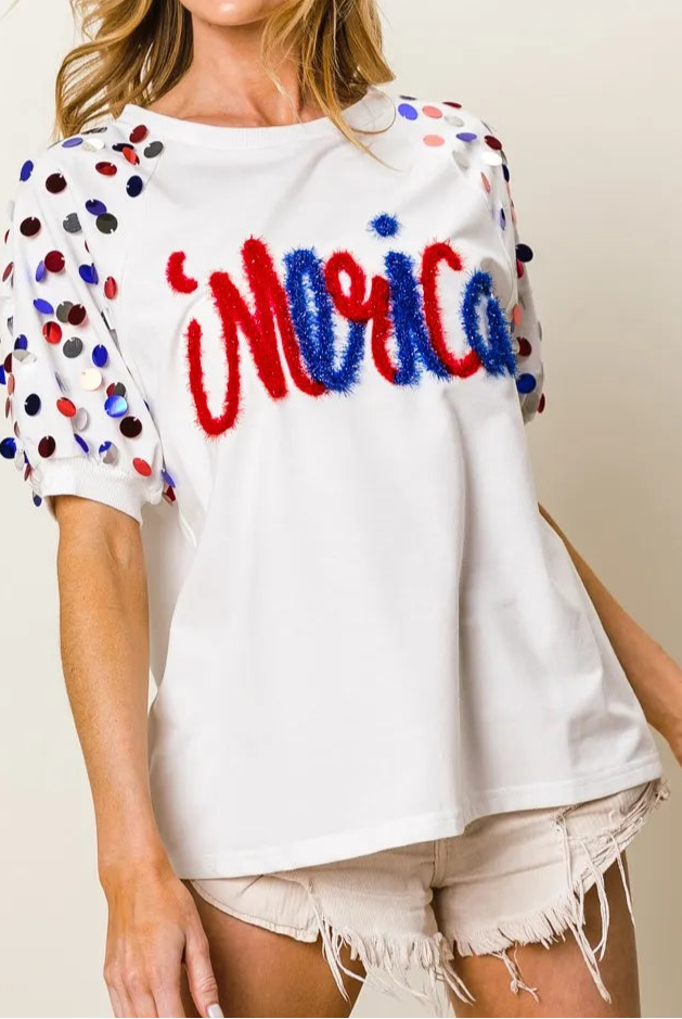 BiBi Metallic Letter Spangle Raglan Puff Sleeve Top-Tops-Krush Kandy, Women's Online Fashion Boutique Located in Phoenix, Arizona (Scottsdale Area)