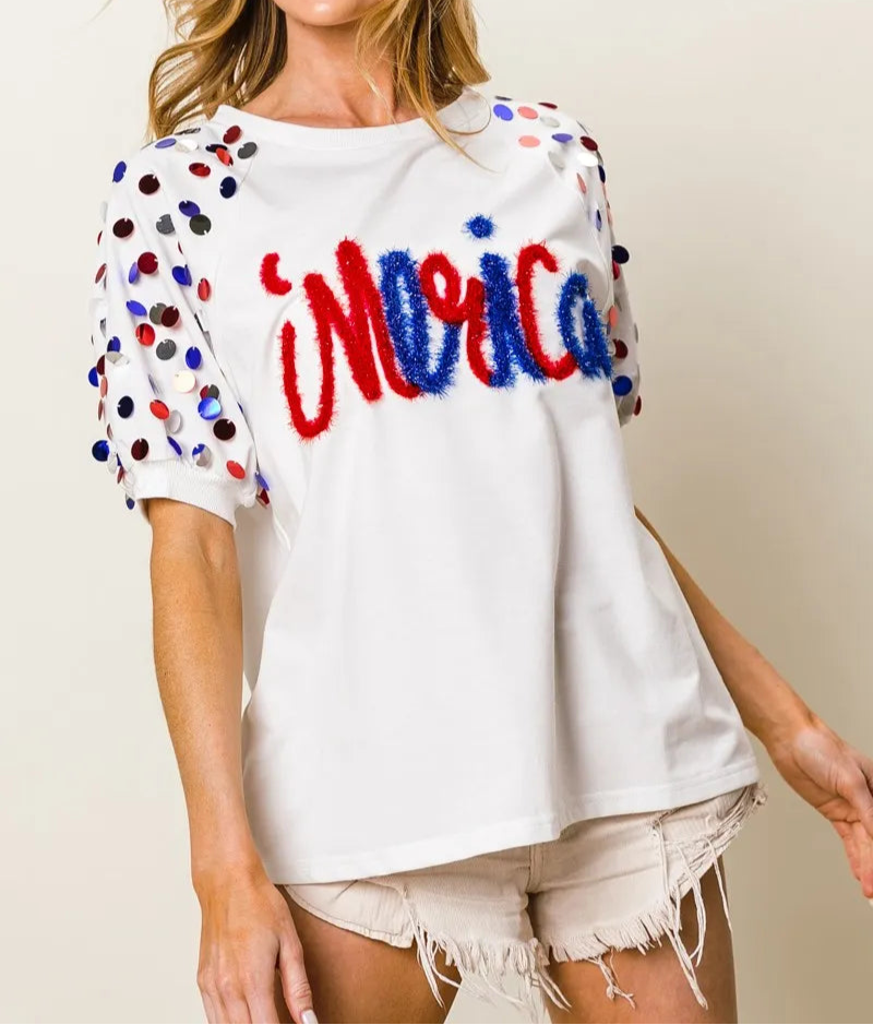 BiBi Metallic Letter Spangle Raglan Puff Sleeve Top-Tops-Krush Kandy, Women's Online Fashion Boutique Located in Phoenix, Arizona (Scottsdale Area)