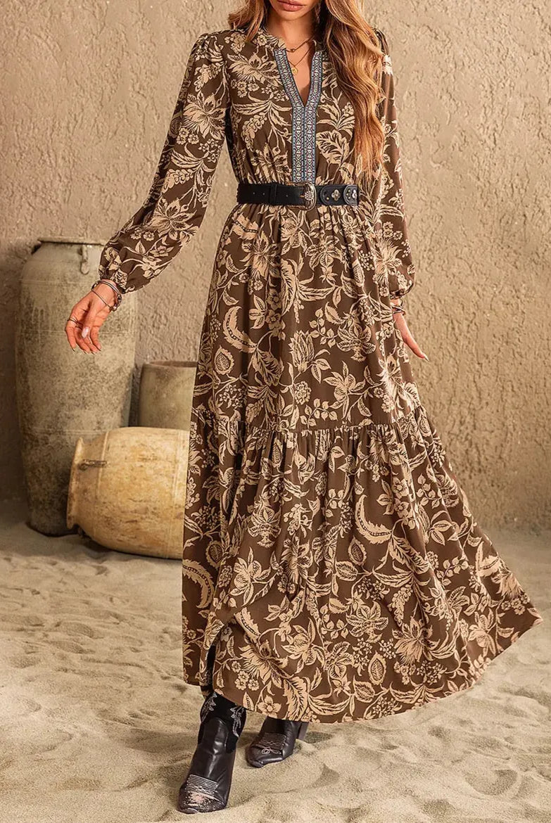 Ruched Printed Notched Long Sleeve Maxi Dress-Dresses-Krush Kandy, Women's Online Fashion Boutique Located in Phoenix, Arizona (Scottsdale Area)