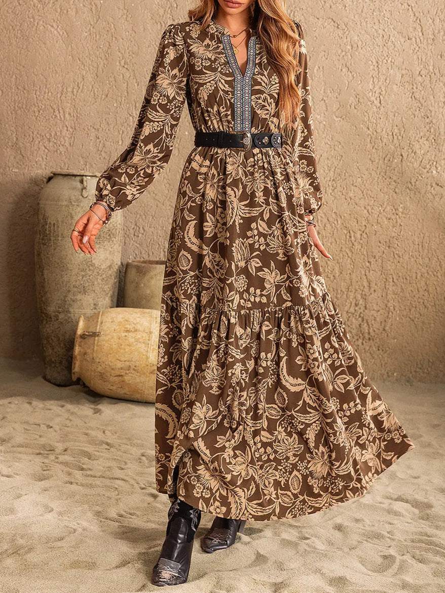 Ruched Printed Notched Long Sleeve Maxi Dress-Dresses-Krush Kandy, Women's Online Fashion Boutique Located in Phoenix, Arizona (Scottsdale Area)
