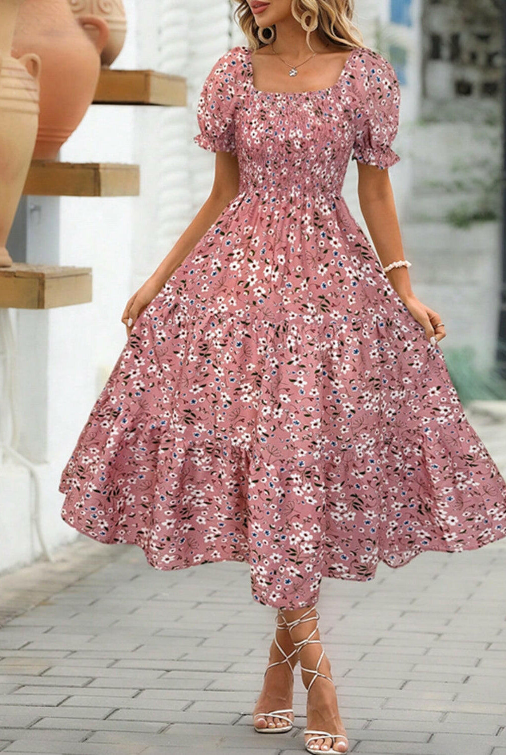 Floral Tiered Puff Sleeve Midi Dress-Dresses-Krush Kandy, Women's Online Fashion Boutique Located in Phoenix, Arizona (Scottsdale Area)