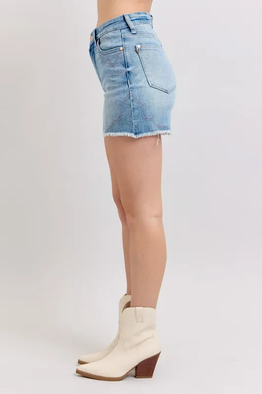 Judy Blue High Waist Western Embroidery Cut-Off Shorts-Denim-Krush Kandy, Women's Online Fashion Boutique Located in Phoenix, Arizona (Scottsdale Area)