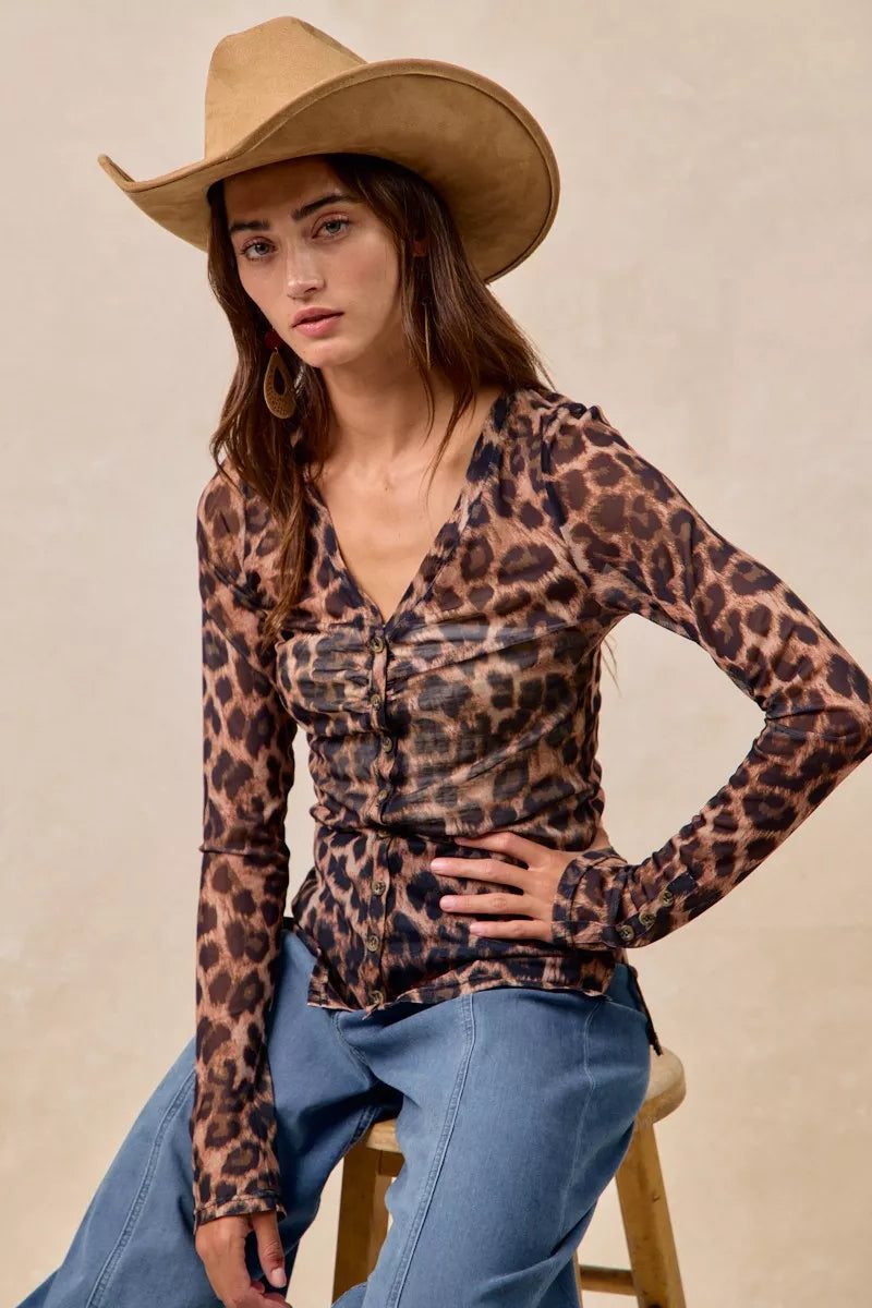 BiBi Leopard Printed Mesh Shirt With Button Up V Neck-Tops-Krush Kandy, Women's Online Fashion Boutique Located in Phoenix, Arizona (Scottsdale Area)