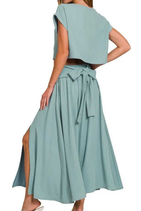 Heavy Woven Span Crop Tee & Skirt Set-2 Piece Outfit Sets-Krush Kandy, Women's Online Fashion Boutique Located in Phoenix, Arizona (Scottsdale Area)