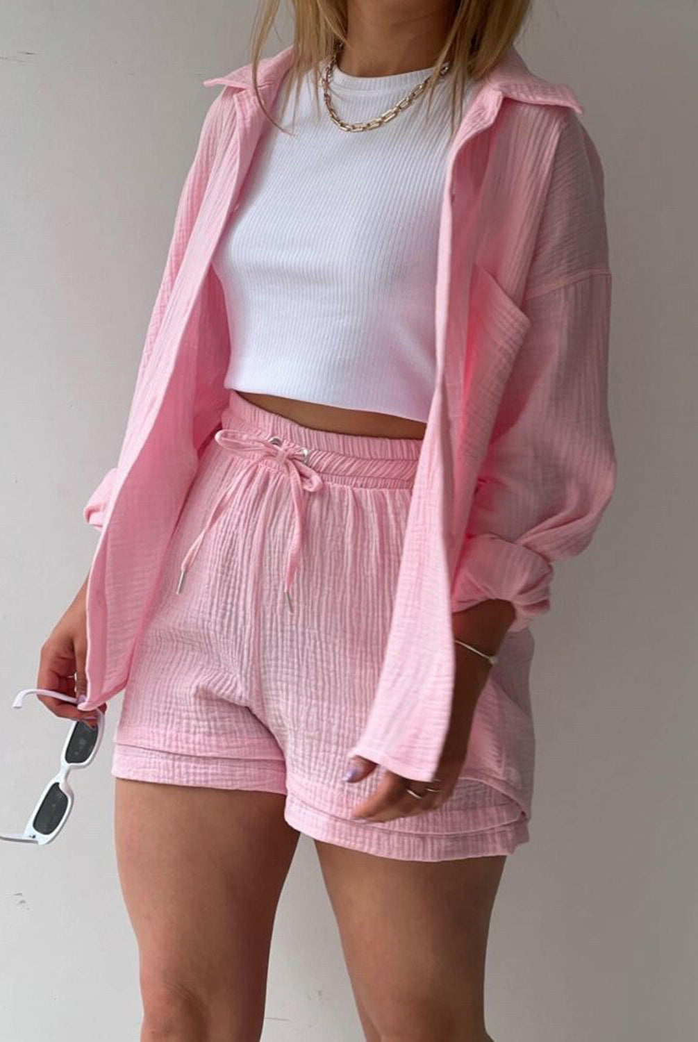 Kinsley Texture Button-Up Shirt and Drawstring Shorts Set-Krush Kandy, Women's Online Fashion Boutique Located in Phoenix, Arizona (Scottsdale Area)
