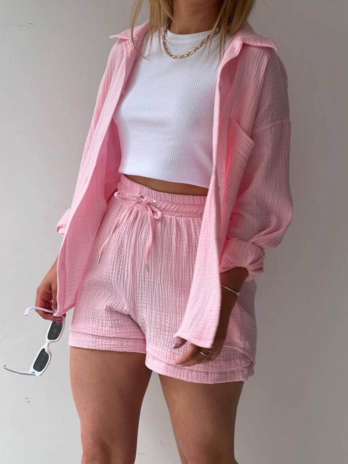 Kinsley Texture Button-Up Shirt and Drawstring Shorts Set-Krush Kandy, Women's Online Fashion Boutique Located in Phoenix, Arizona (Scottsdale Area)