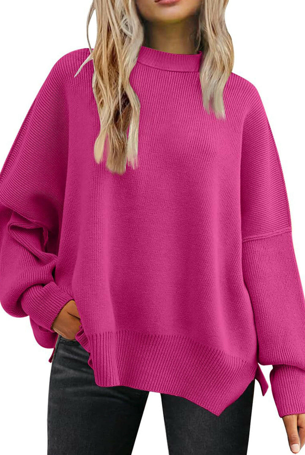 Slit Round Neck Dropped Shoulder Sweater-Krush Kandy, Women's Online Fashion Boutique Located in Phoenix, Arizona (Scottsdale Area)