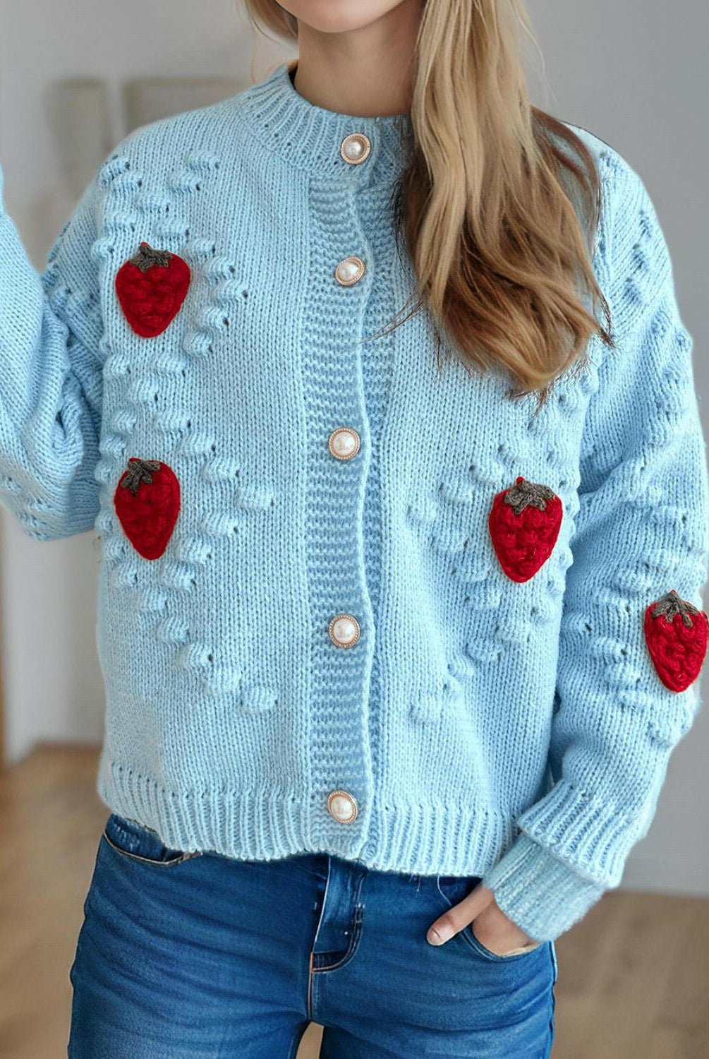 Strawberry Button Down Long Sleeve Cardigan-Cardigans-Krush Kandy, Women's Online Fashion Boutique Located in Phoenix, Arizona (Scottsdale Area)