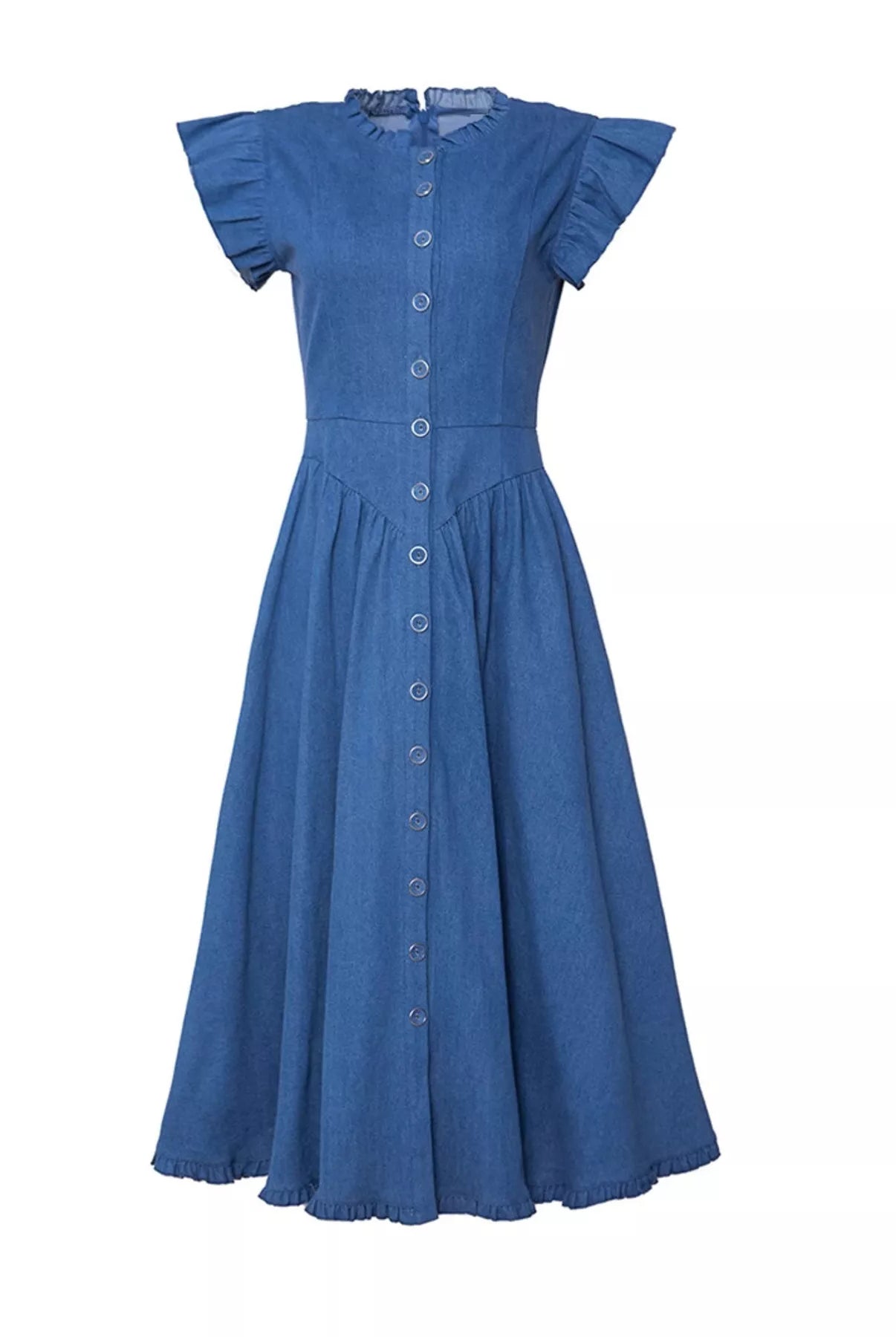 Ruffled Cap Sleeve Denim Dress-Dresses-Krush Kandy, Women's Online Fashion Boutique Located in Phoenix, Arizona (Scottsdale Area)