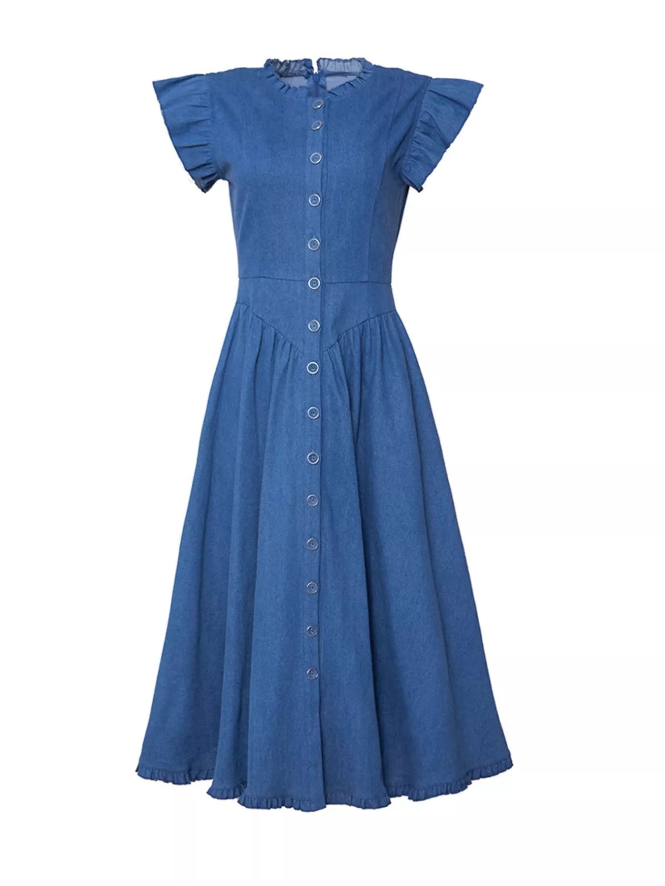 Ruffled Cap Sleeve Denim Dress-Dresses-Krush Kandy, Women's Online Fashion Boutique Located in Phoenix, Arizona (Scottsdale Area)
