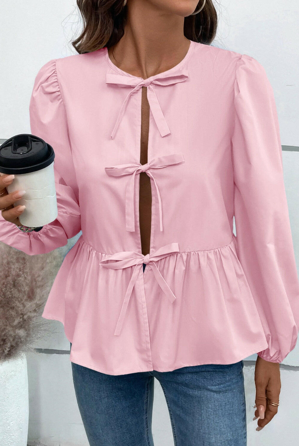 Ivy Lane Peplum Tied Long Sleeve Blouse-Krush Kandy, Women's Online Fashion Boutique Located in Phoenix, Arizona (Scottsdale Area)