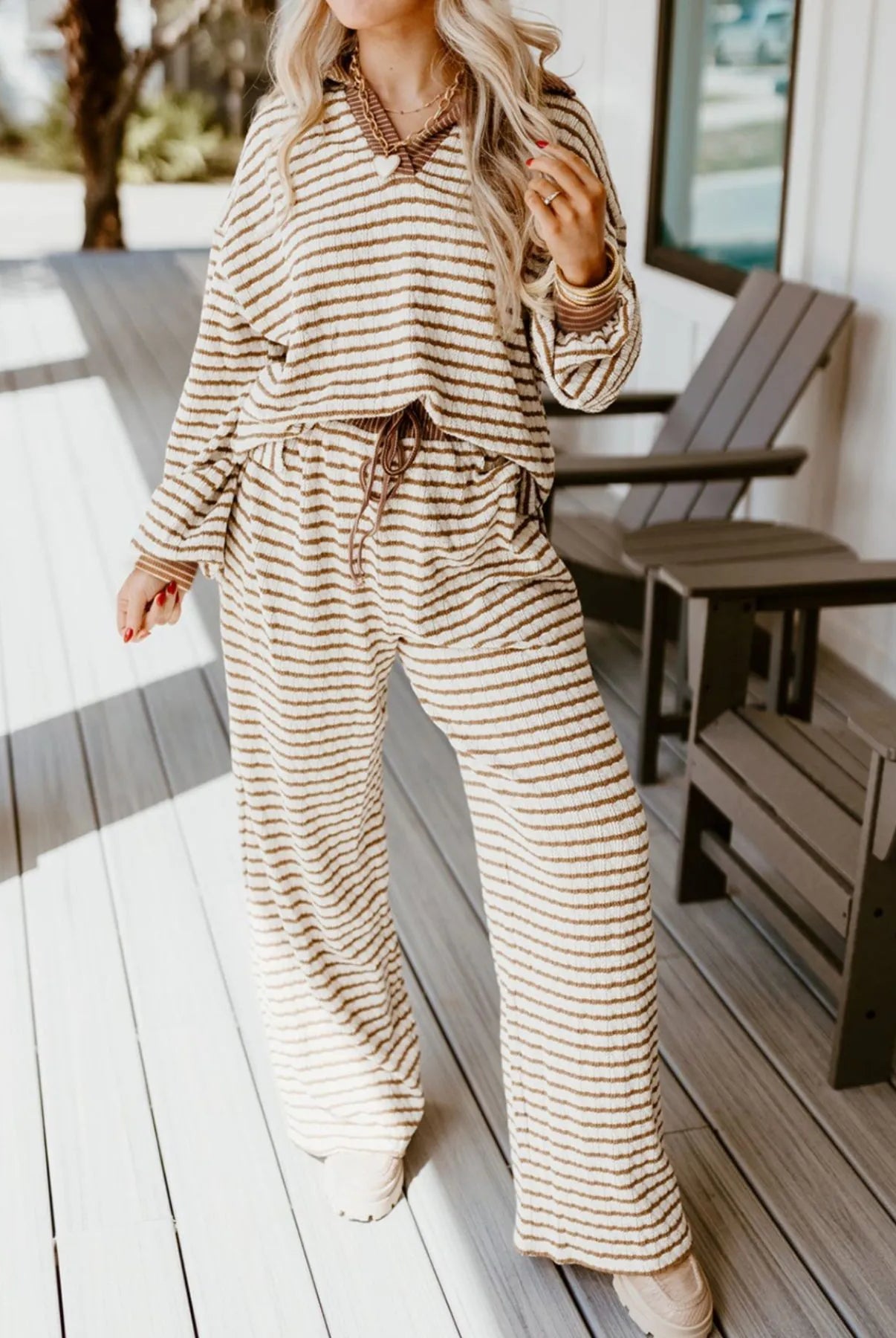 Stripe Collared Top and Drawstring Pant Set-Loungewear-Krush Kandy, Women's Online Fashion Boutique Located in Phoenix, Arizona (Scottsdale Area)