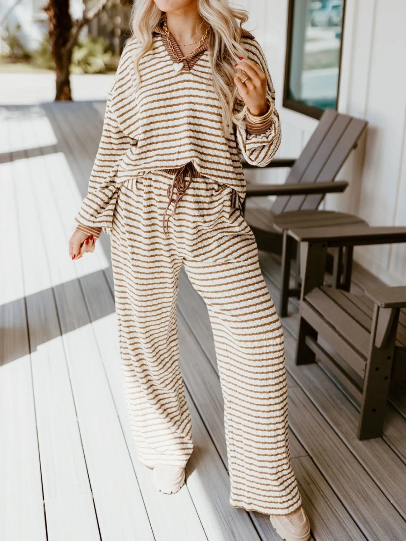 Stripe Collared Top and Drawstring Pant Set-Loungewear-Krush Kandy, Women's Online Fashion Boutique Located in Phoenix, Arizona (Scottsdale Area)