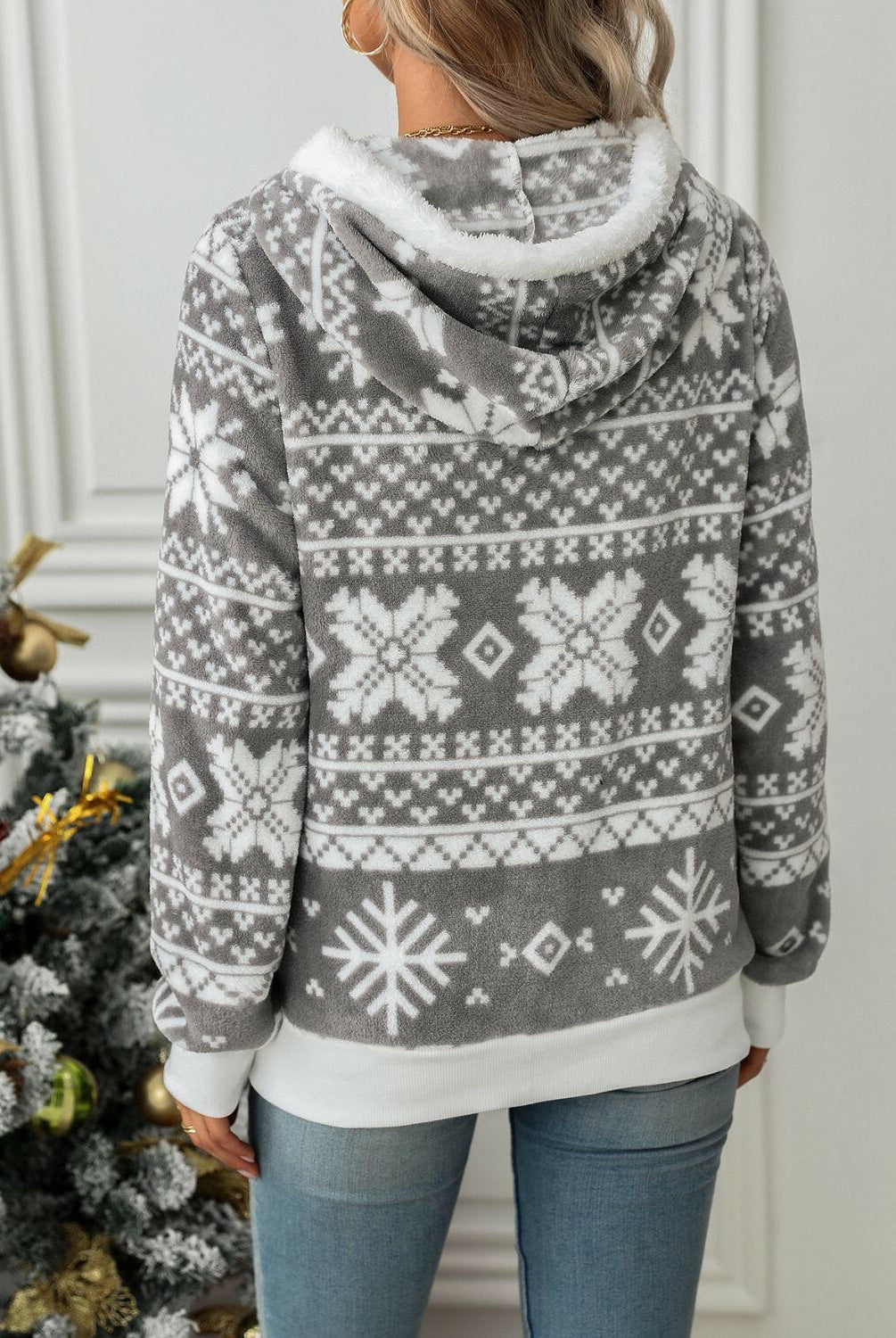 Drawstring Snowflake Zip Up Hooded Outerwear-Hoodies-Krush Kandy, Women's Online Fashion Boutique Located in Phoenix, Arizona (Scottsdale Area)