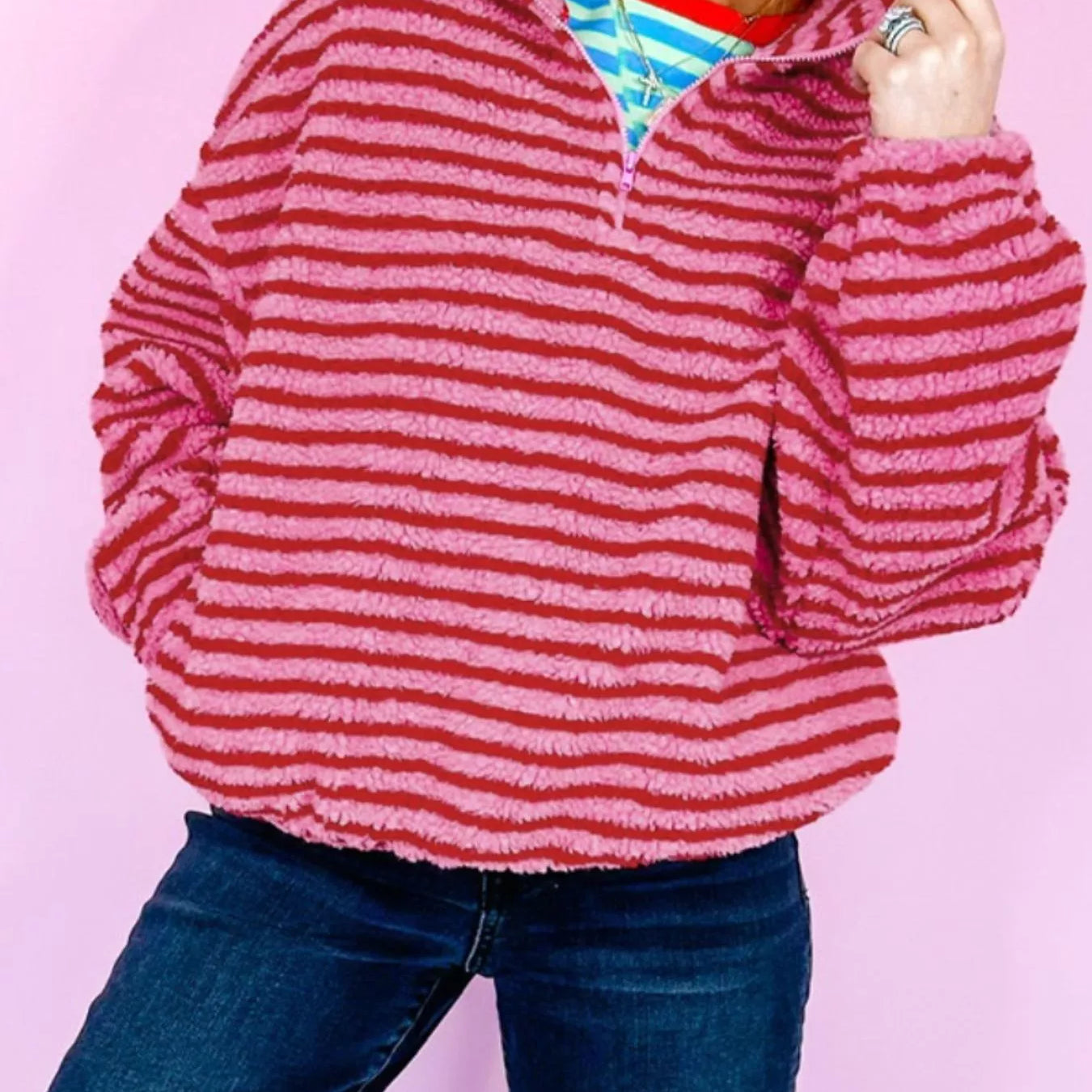 Striped Quarter-Zip Fleece Sweatshirt-Sweaters-Krush Kandy, Women's Online Fashion Boutique Located in Phoenix, Arizona (Scottsdale Area)