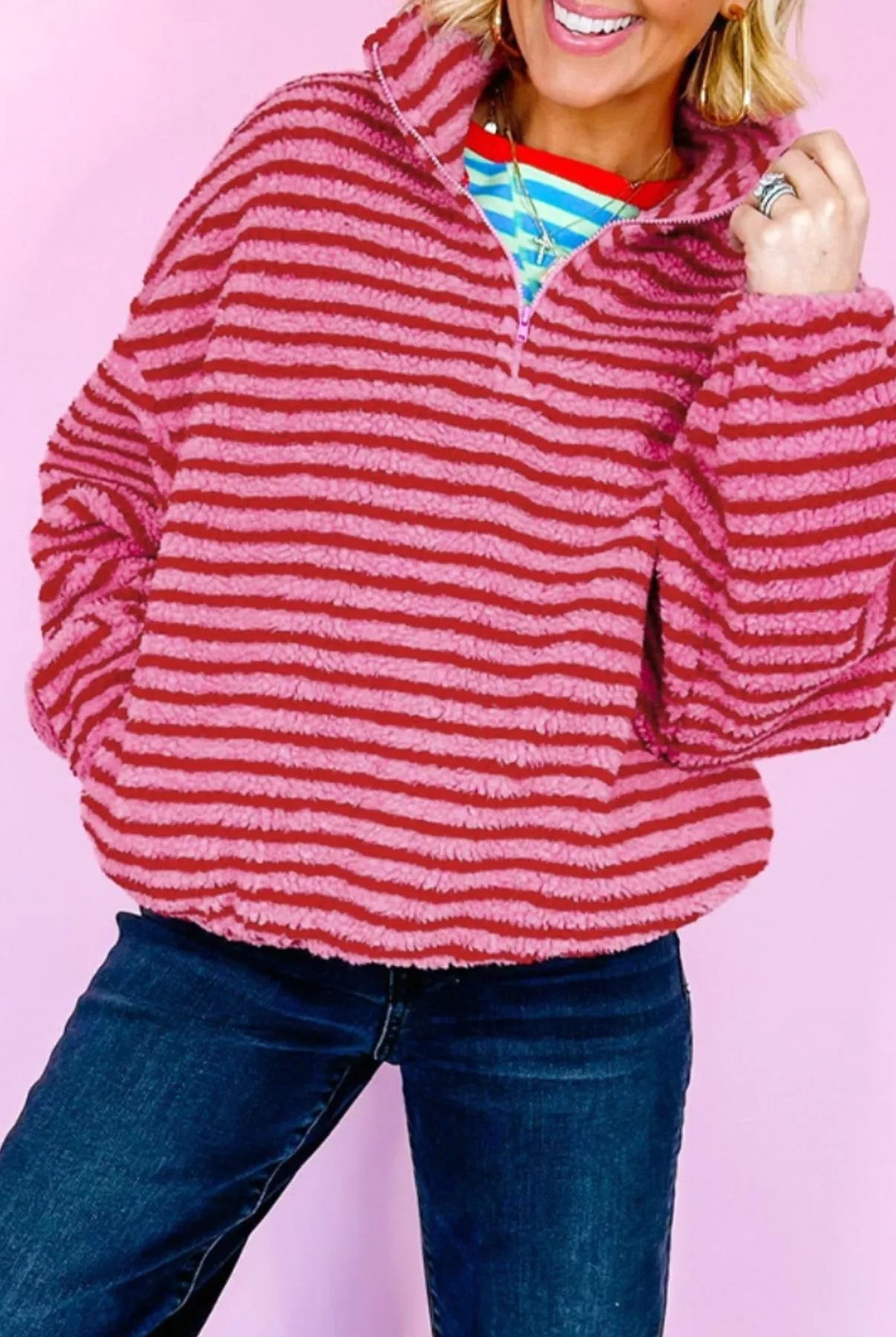 Striped Quarter-Zip Fleece Sweatshirt-Sweaters-Krush Kandy, Women's Online Fashion Boutique Located in Phoenix, Arizona (Scottsdale Area)