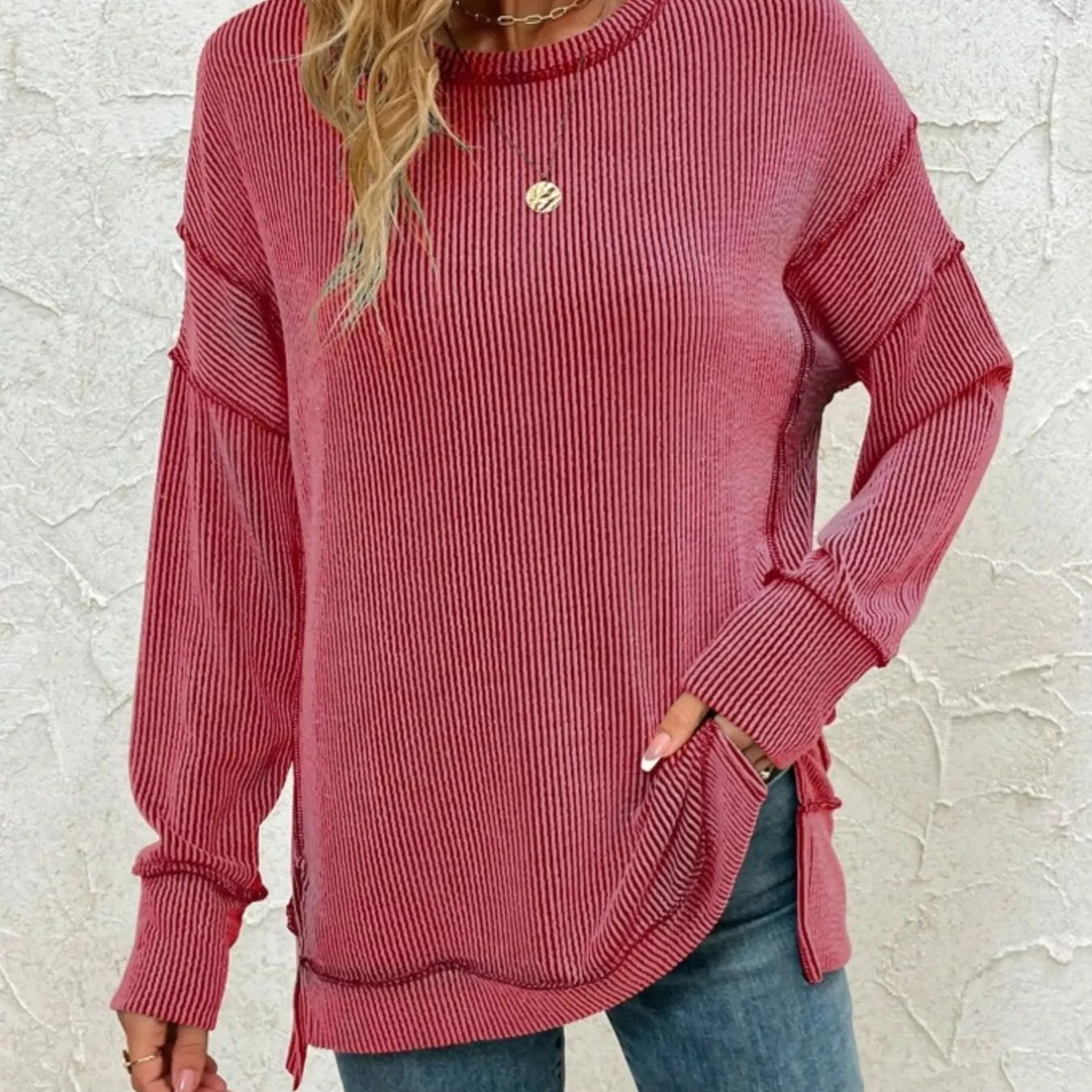Side Slit Round Neck Dropped Shoulder Sweatshirt-Sweaters-Krush Kandy, Women's Online Fashion Boutique Located in Phoenix, Arizona (Scottsdale Area)
