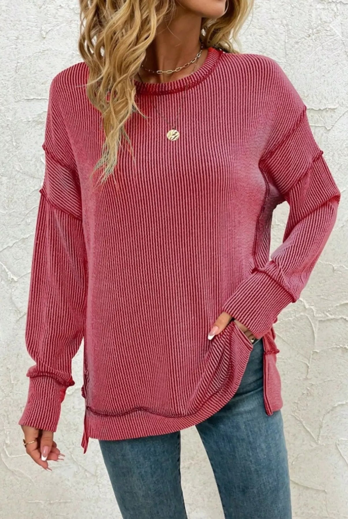 Side Slit Round Neck Dropped Shoulder Sweatshirt-Sweaters-Krush Kandy, Women's Online Fashion Boutique Located in Phoenix, Arizona (Scottsdale Area)