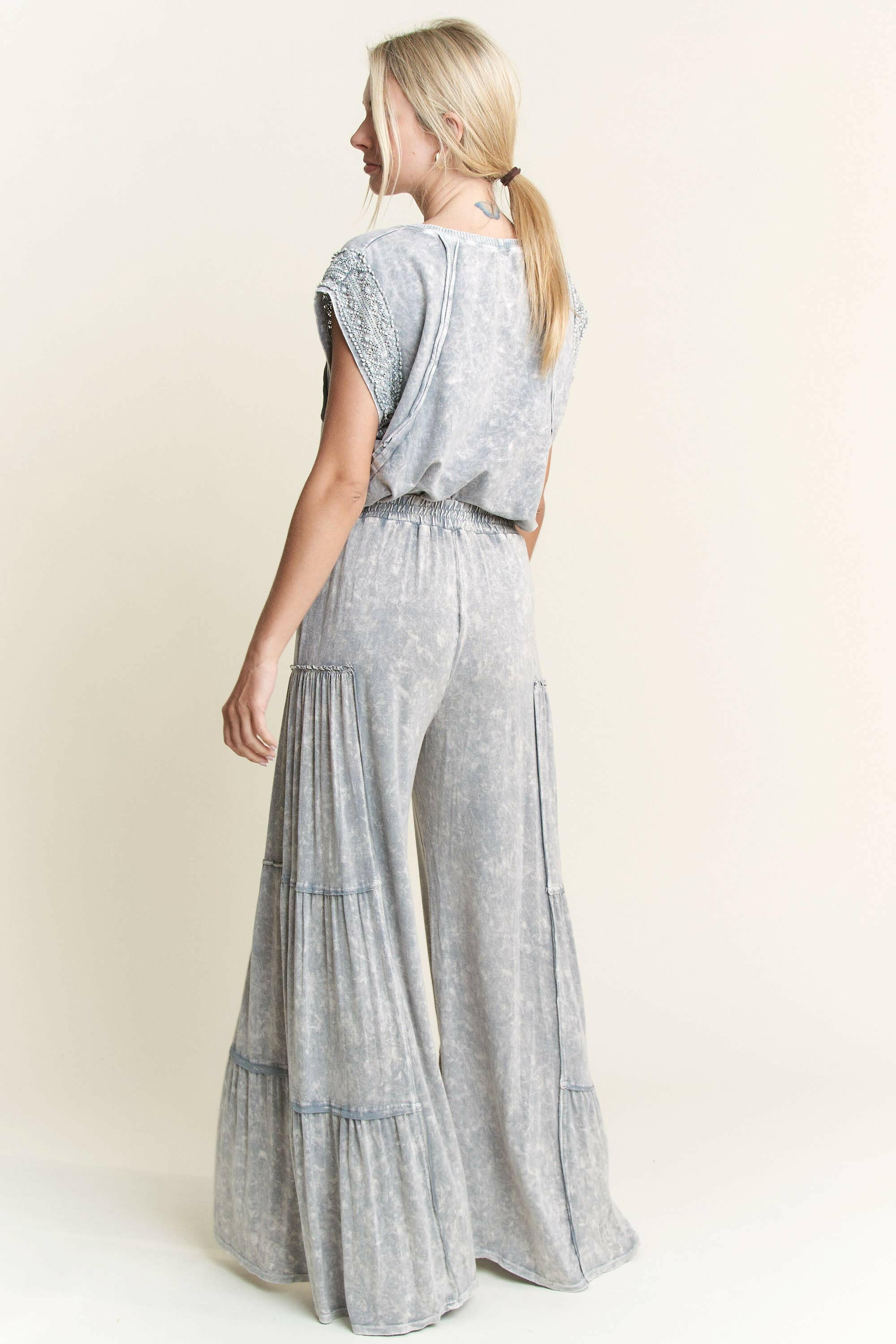 Mineral Wash Trim Cap Sleeve Blouse-Tops-Krush Kandy, Women's Online Fashion Boutique Located in Phoenix, Arizona (Scottsdale Area)