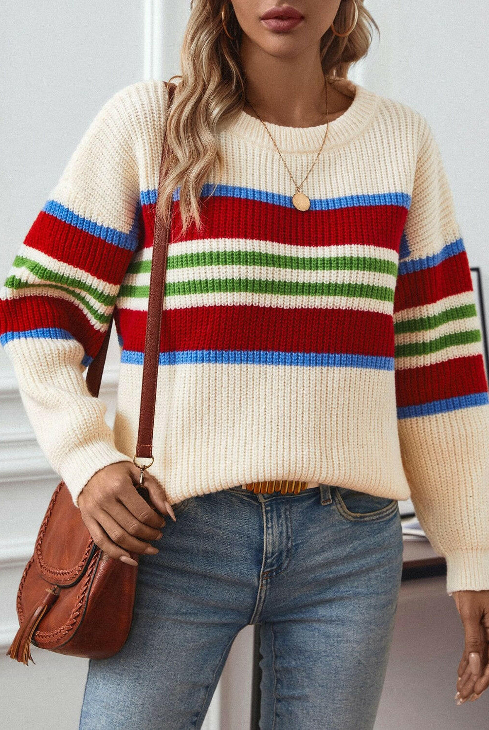 Contrast Stripes Round Neck Long Sleeve Sweater-Krush Kandy, Women's Online Fashion Boutique Located in Phoenix, Arizona (Scottsdale Area)