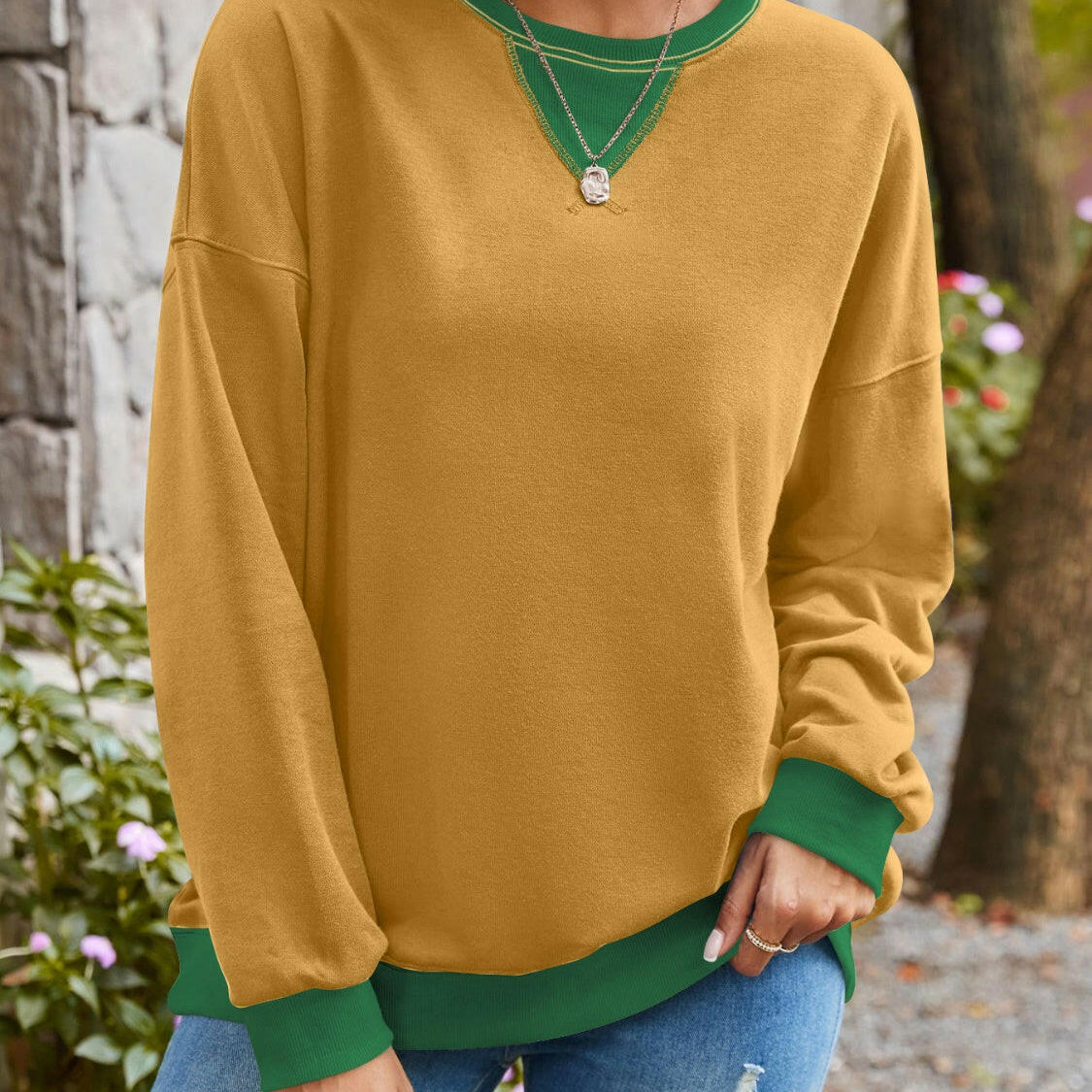 Lovelet Contrast Round Neck Long Sleeve Sweatshirt-Krush Kandy, Women's Online Fashion Boutique Located in Phoenix, Arizona (Scottsdale Area)