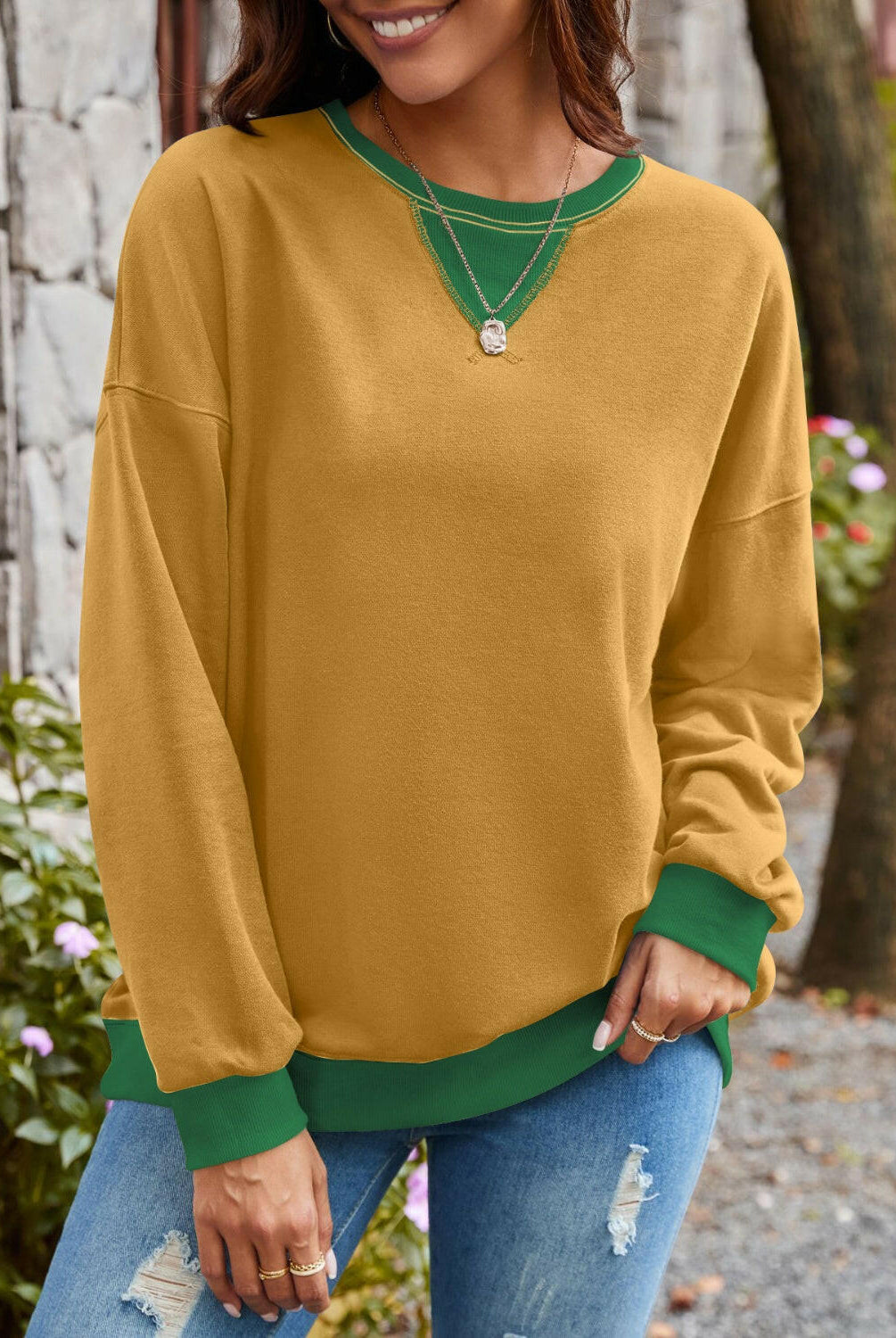 Lovelet Contrast Round Neck Long Sleeve Sweatshirt-Krush Kandy, Women's Online Fashion Boutique Located in Phoenix, Arizona (Scottsdale Area)