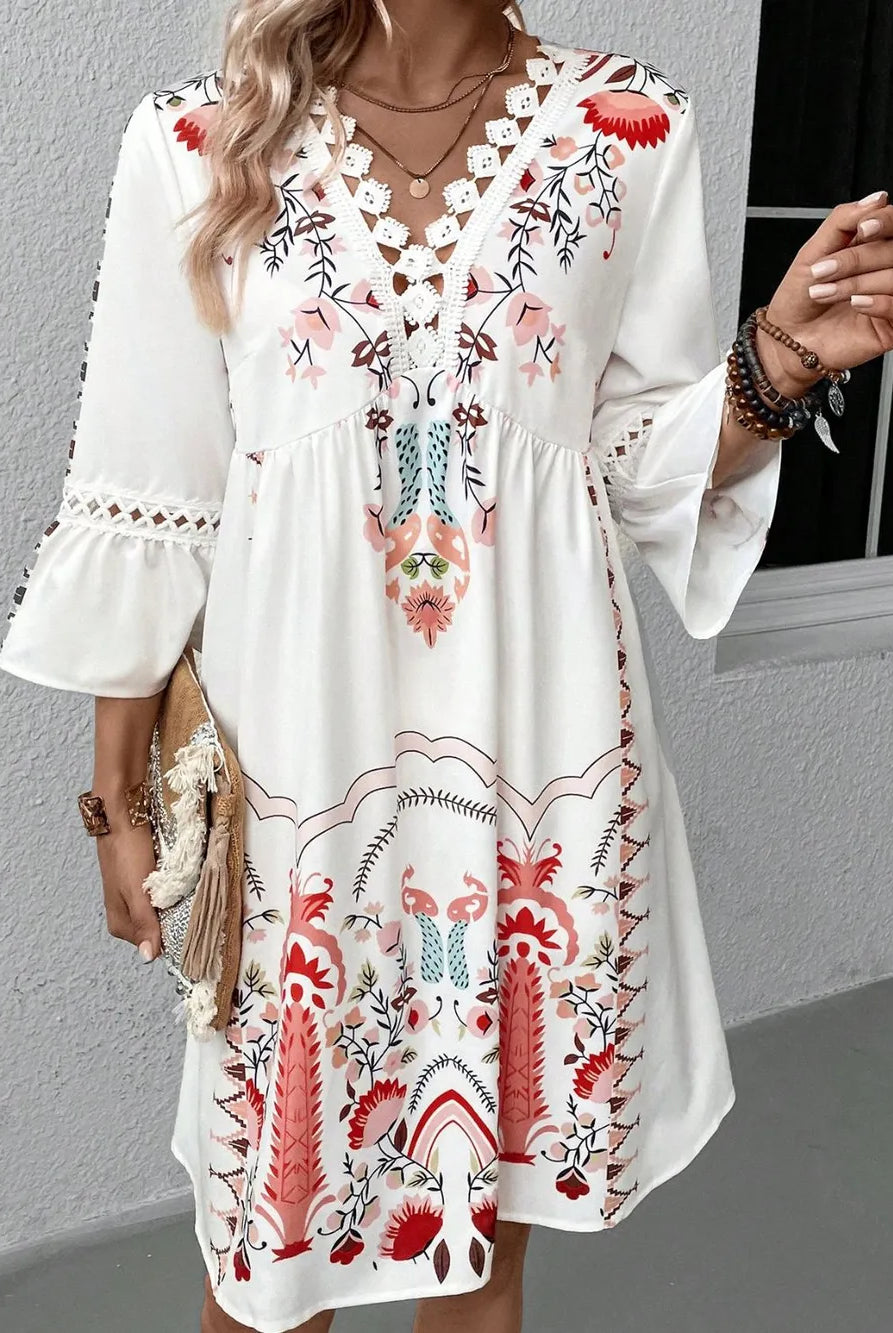 Lace Detail Printed Three-Quarter Sleeve Dress-Dresses-Krush Kandy, Women's Online Fashion Boutique Located in Phoenix, Arizona (Scottsdale Area)