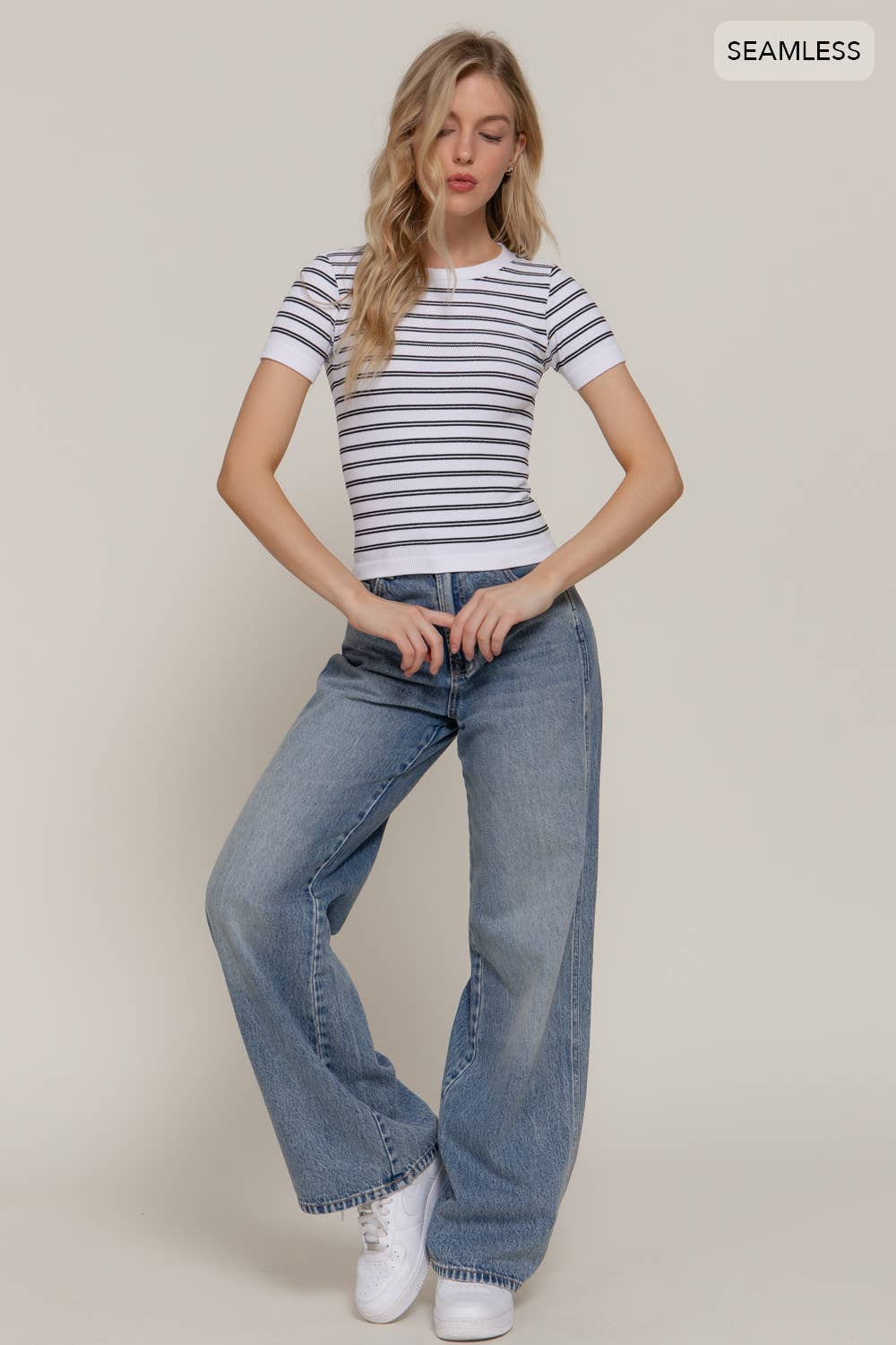 Short Sleeve Crew Neck Striped Seamless Top-Tops-Krush Kandy, Women's Online Fashion Boutique Located in Phoenix, Arizona (Scottsdale Area)