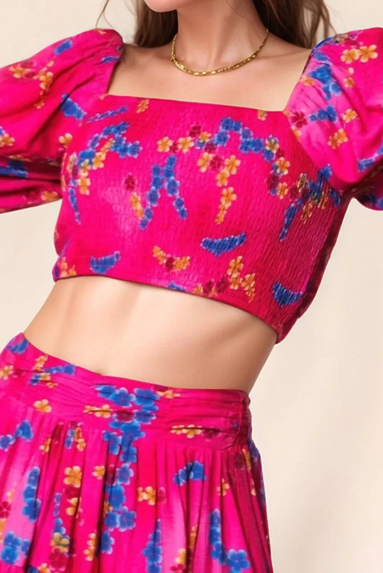 Davi & Dani Smocing Bodice Puff Short Sleeve Printed Crop Top-2 Piece Outfit Sets-Krush Kandy, Women's Online Fashion Boutique Located in Phoenix, Arizona (Scottsdale Area)