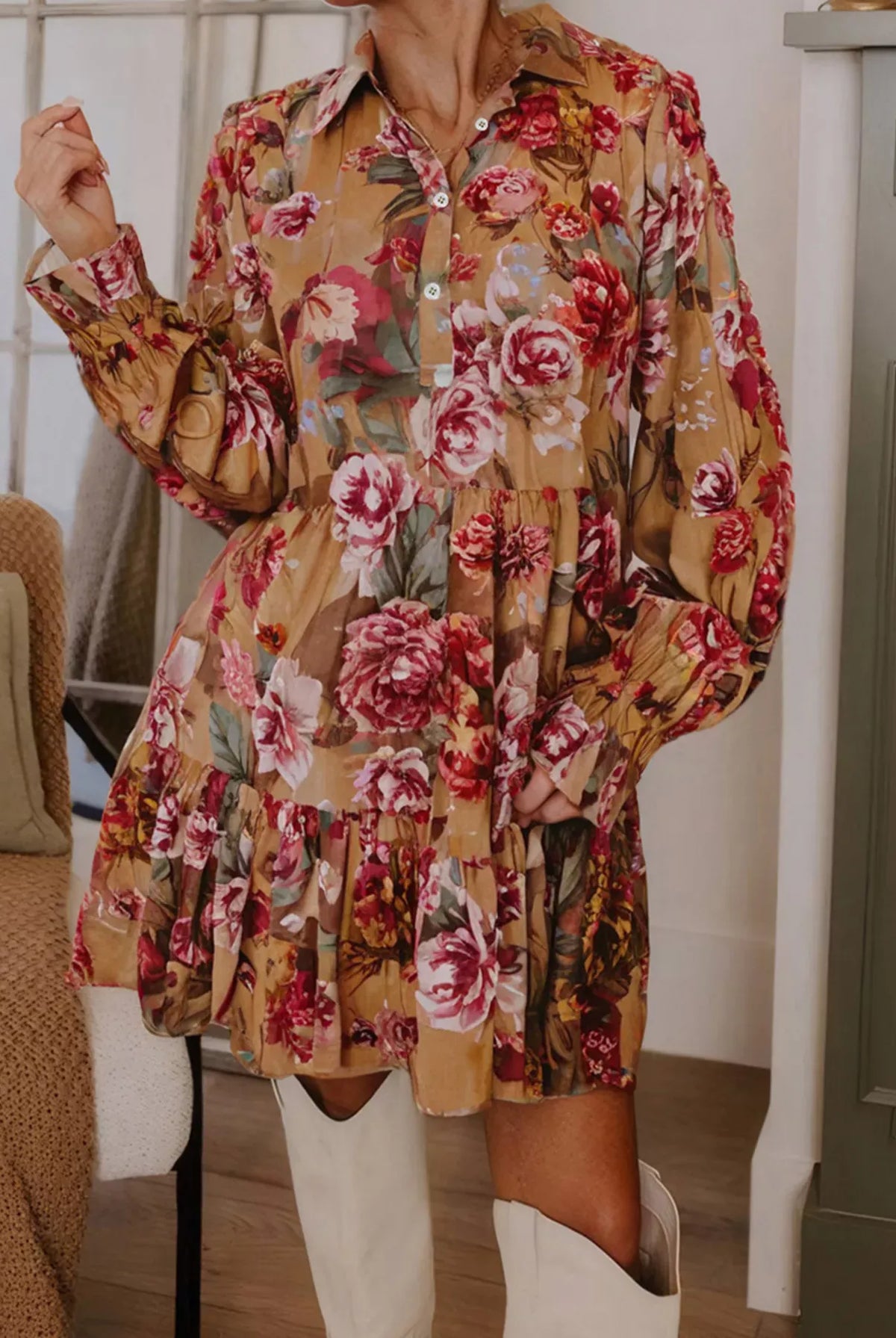 Floral Print Half Button Flounce Sleeve Ruffle Mini Dress-Dresses-Krush Kandy, Women's Online Fashion Boutique Located in Phoenix, Arizona (Scottsdale Area)