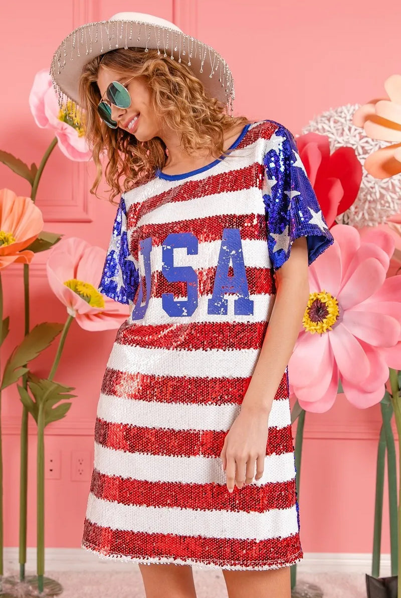 BiBi American Flag Theme Usa Print Sequin Dress-Dresses-Krush Kandy, Women's Online Fashion Boutique Located in Phoenix, Arizona (Scottsdale Area)