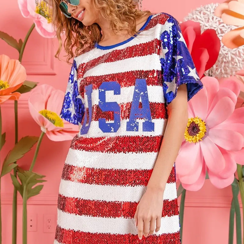 BiBi American Flag Theme Usa Print Sequin Dress-Dresses-Krush Kandy, Women's Online Fashion Boutique Located in Phoenix, Arizona (Scottsdale Area)
