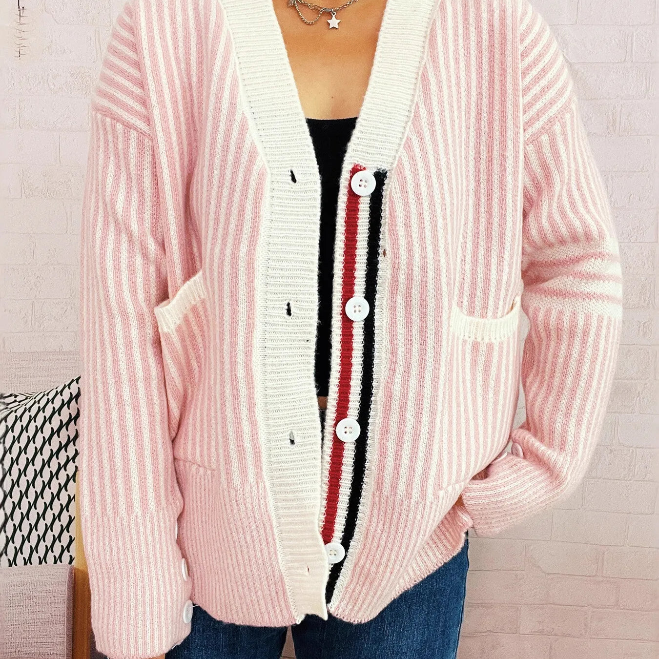 Striped Button-Front Cardigan with Contrast Trim-Cardigan-Krush Kandy, Women's Online Fashion Boutique Located in Phoenix, Arizona (Scottsdale Area)
