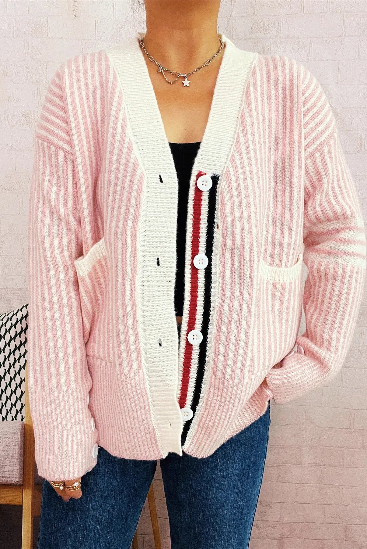 Striped Button-Front Cardigan with Contrast Trim-Cardigan-Krush Kandy, Women's Online Fashion Boutique Located in Phoenix, Arizona (Scottsdale Area)
