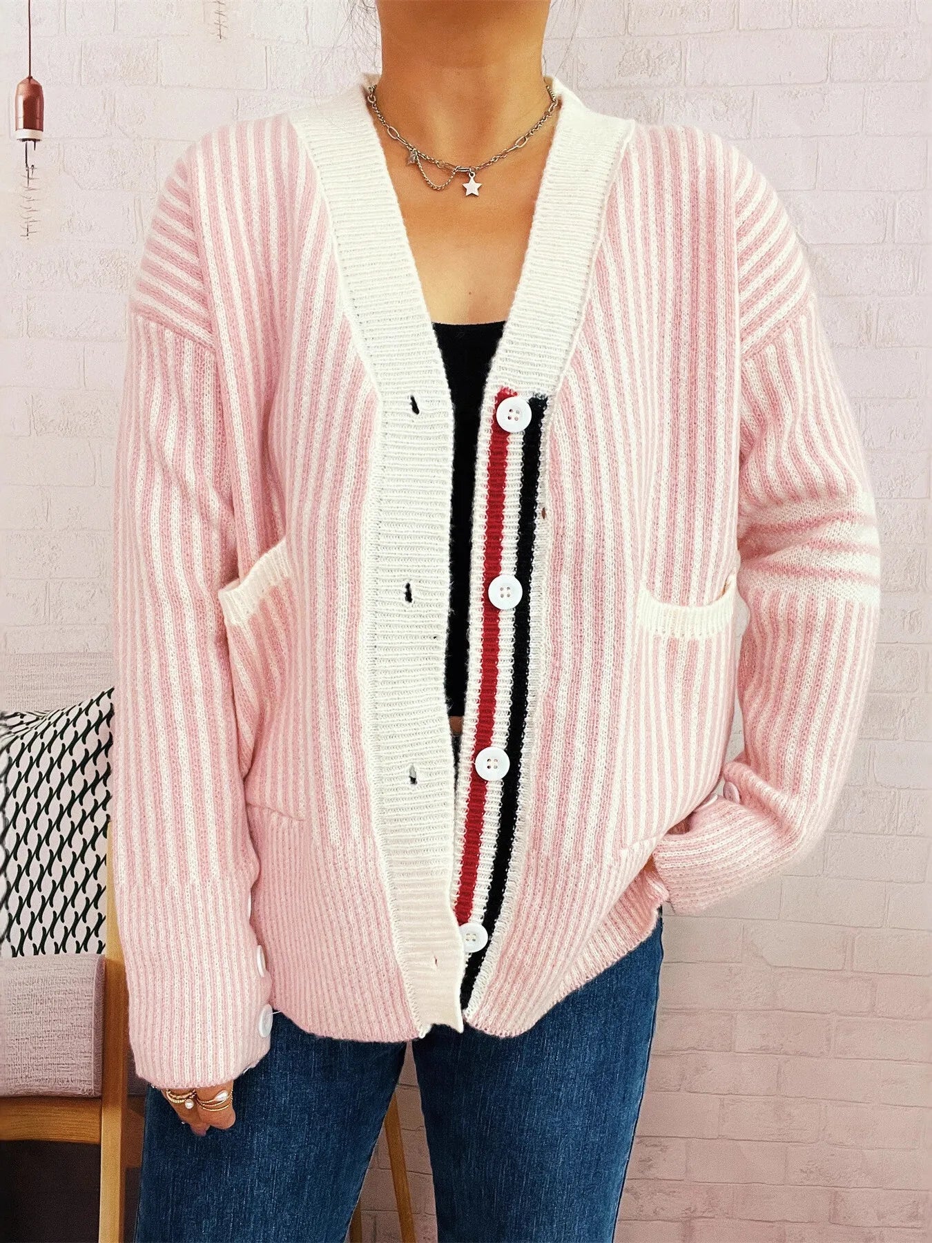 Striped Button-Front Cardigan with Contrast Trim-Cardigan-Krush Kandy, Women's Online Fashion Boutique Located in Phoenix, Arizona (Scottsdale Area)