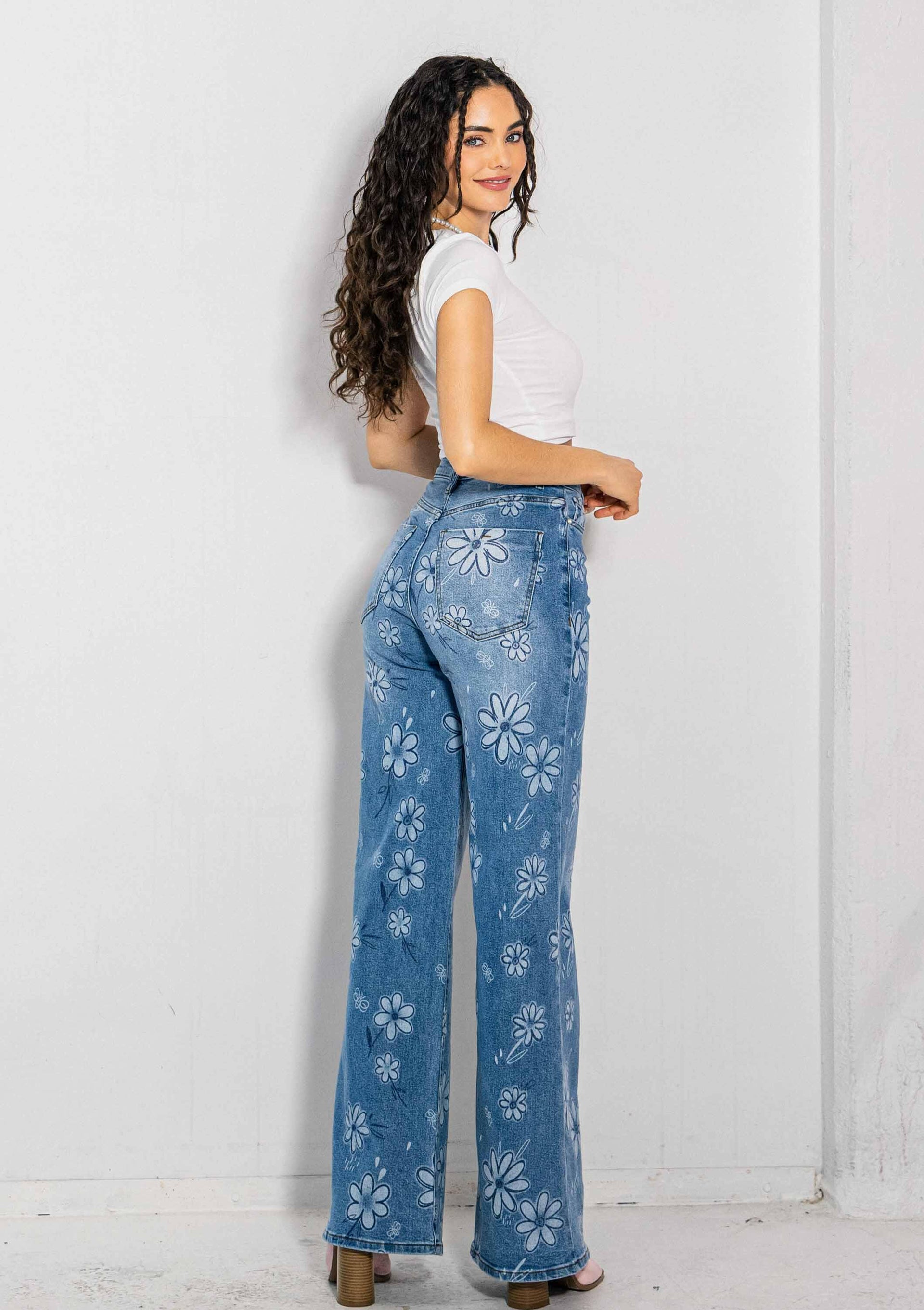 Flower Printed High-Rise Wideleg Jeans-Jeans-Krush Kandy, Women's Online Fashion Boutique Located in Phoenix, Arizona (Scottsdale Area)