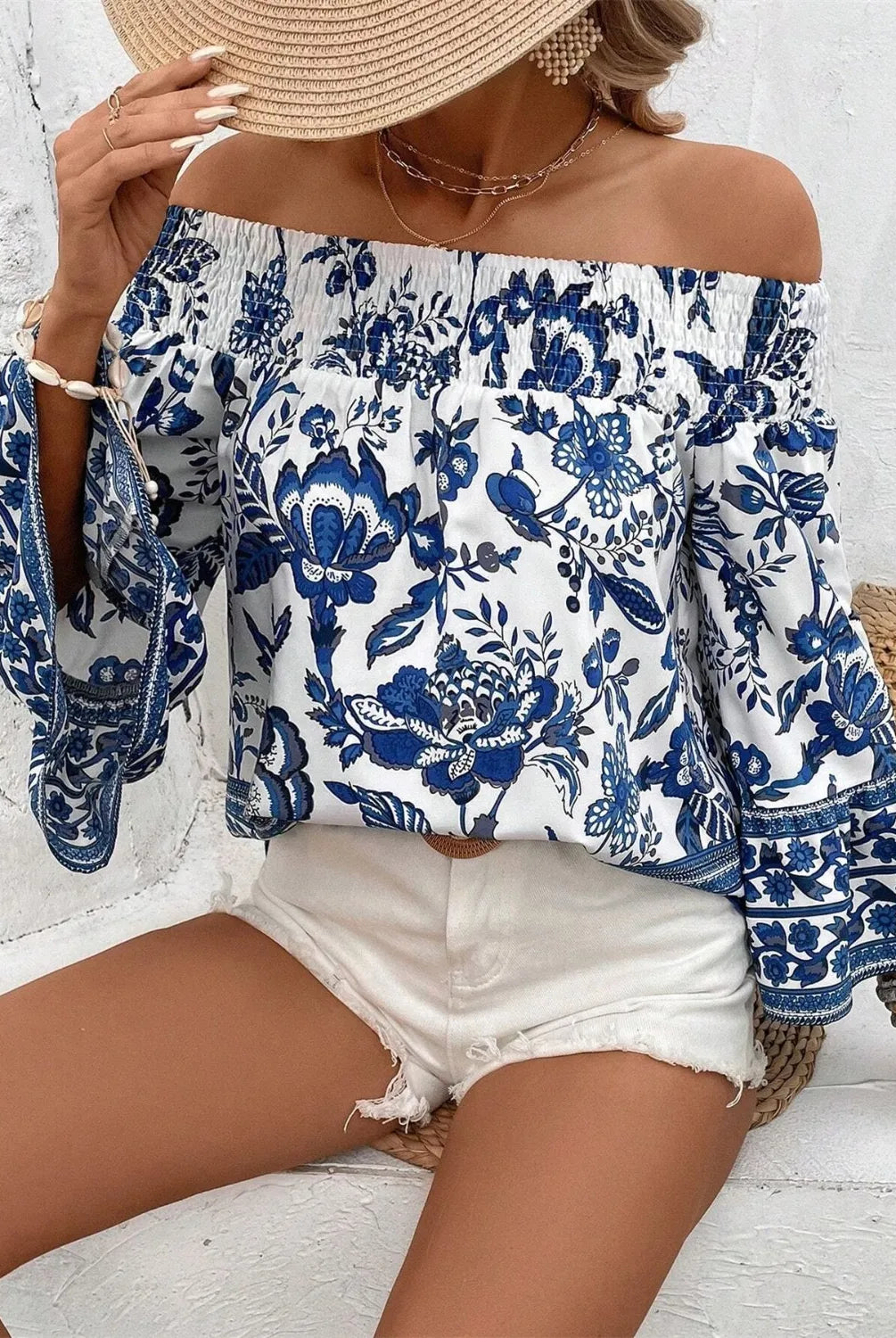 Smocked Printed Off-Shoulder Blouse-Blouses-Krush Kandy, Women's Online Fashion Boutique Located in Phoenix, Arizona (Scottsdale Area)