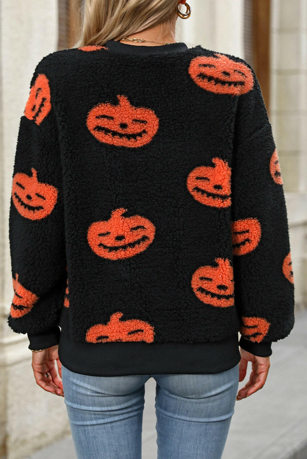 Fuzzy Pumpkin Round Neck Dropped Shoulder Sweater-Krush Kandy, Women's Online Fashion Boutique Located in Phoenix, Arizona (Scottsdale Area)