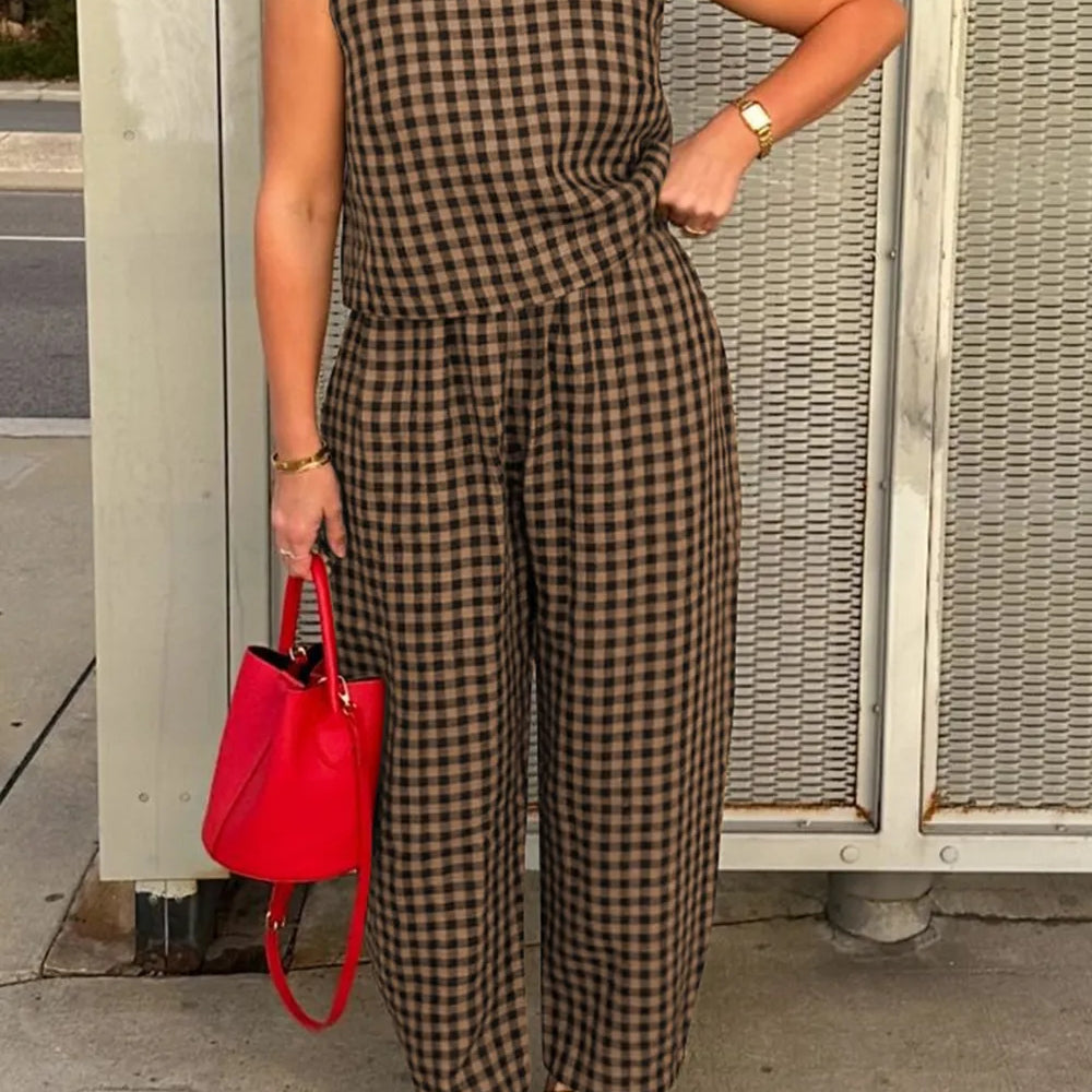 Lovelet Plaid Round Neck Sleeveless Top and Pants Set-2 Piece Outfit Sets-Krush Kandy, Women's Online Fashion Boutique Located in Phoenix, Arizona (Scottsdale Area)