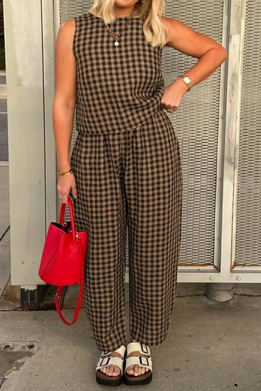 Lovelet Plaid Round Neck Sleeveless Top and Pants Set-2 Piece Outfit Sets-Krush Kandy, Women's Online Fashion Boutique Located in Phoenix, Arizona (Scottsdale Area)