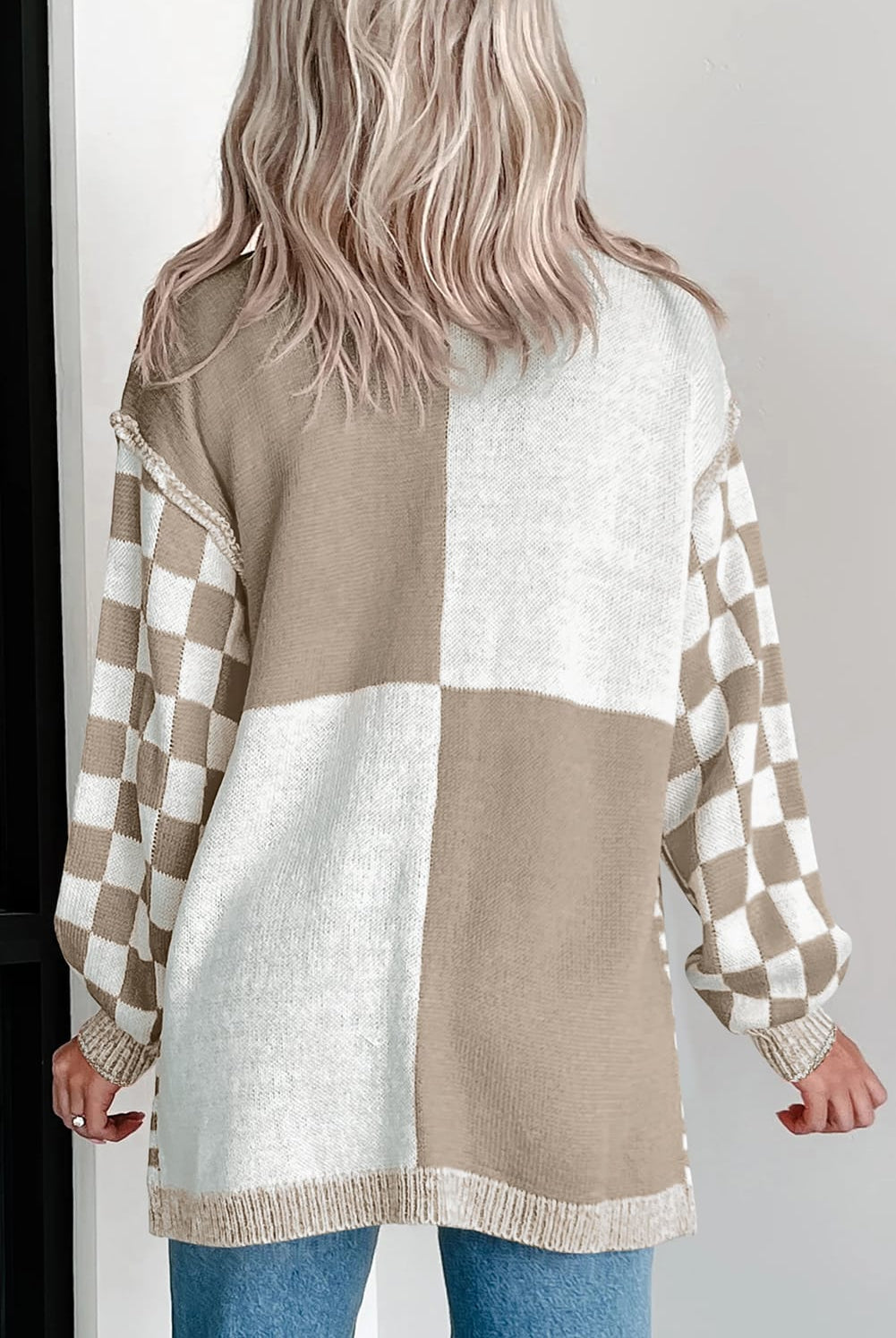 Brown Checkered Colorblock Cardigan-Cardigans-Krush Kandy, Women's Online Fashion Boutique Located in Phoenix, Arizona (Scottsdale Area)