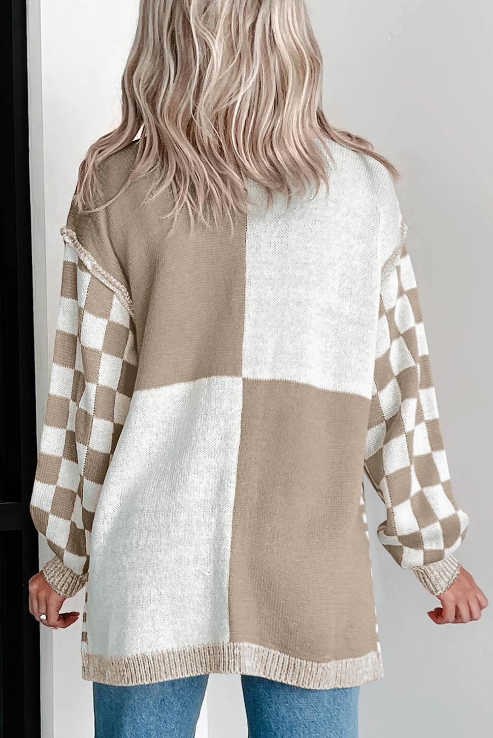 Brown Checkered Colorblock Cardigan-Cardigans-Krush Kandy, Women's Online Fashion Boutique Located in Phoenix, Arizona (Scottsdale Area)