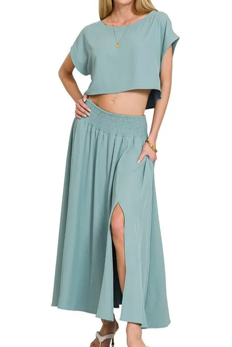 Heavy Woven Span Crop Tee & Skirt Set-2 Piece Outfit Sets-Krush Kandy, Women's Online Fashion Boutique Located in Phoenix, Arizona (Scottsdale Area)