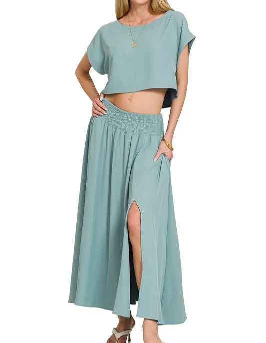 Heavy Woven Span Crop Tee & Skirt Set-2 Piece Outfit Sets-Krush Kandy, Women's Online Fashion Boutique Located in Phoenix, Arizona (Scottsdale Area)