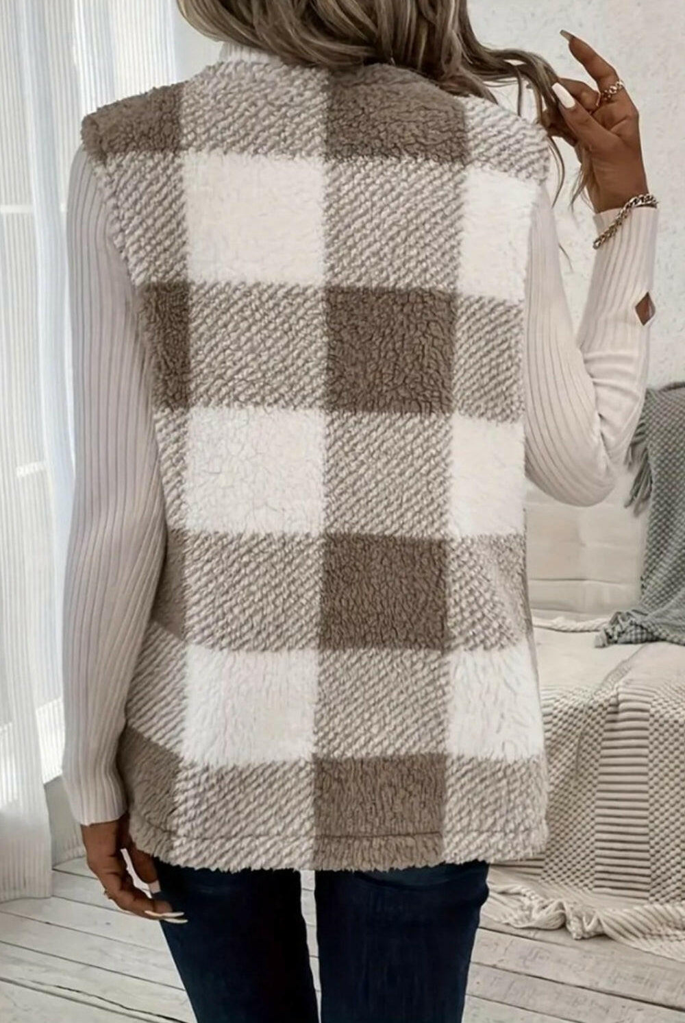 Sherpa Plaid Open Front Vest Coat-Krush Kandy, Women's Online Fashion Boutique Located in Phoenix, Arizona (Scottsdale Area)