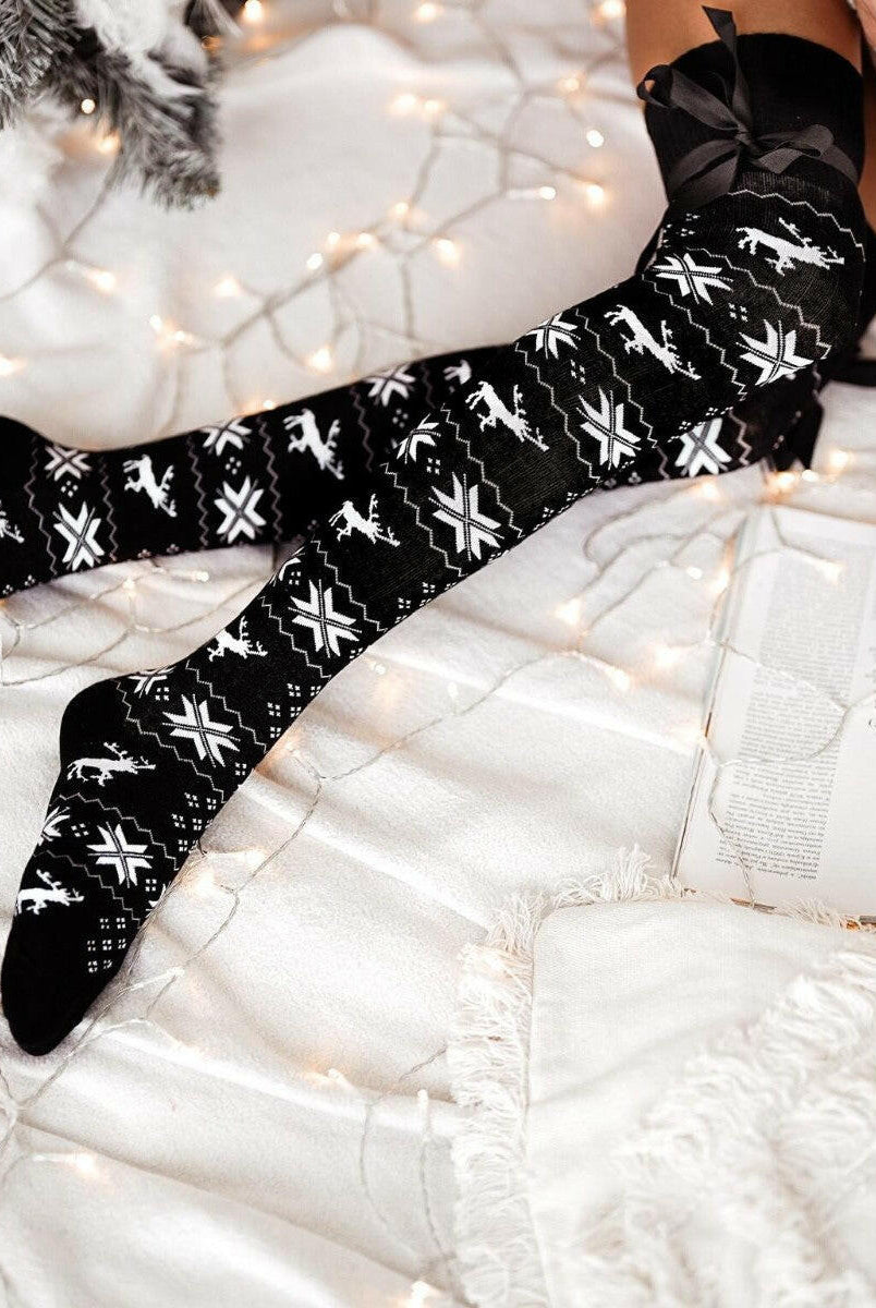 Christmas Element Bowknot Ribbed Trim Over Knee Stockings-Accessories-Krush Kandy, Women's Online Fashion Boutique Located in Phoenix, Arizona (Scottsdale Area)