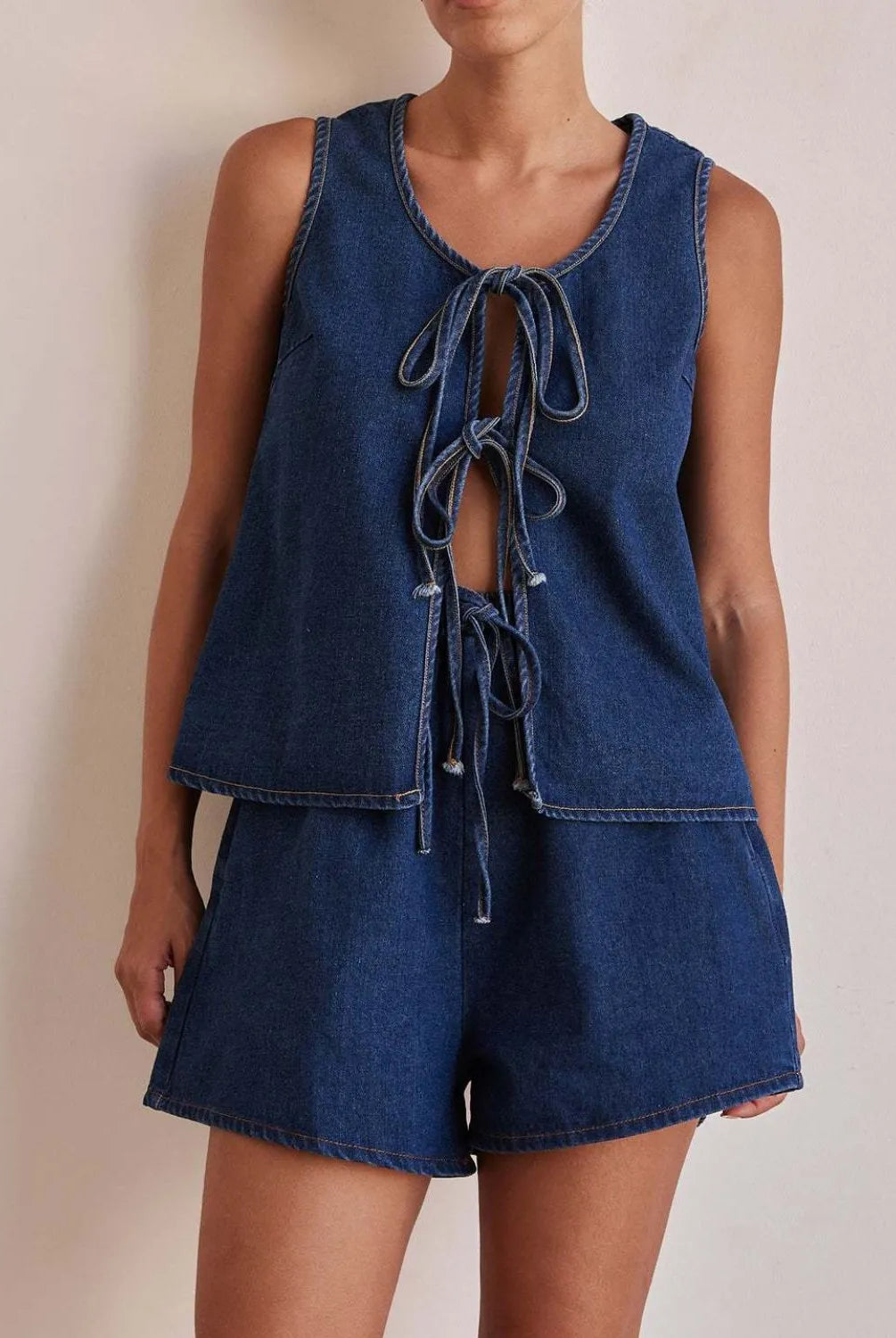 Denim Tie-Front Two-Piece Set-Tops-Krush Kandy, Women's Online Fashion Boutique Located in Phoenix, Arizona (Scottsdale Area)