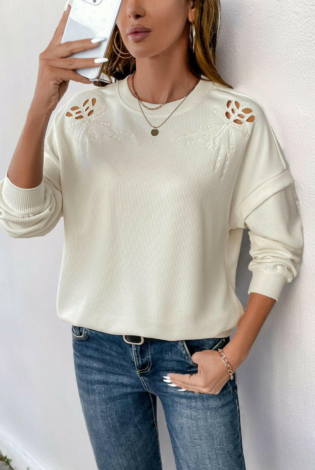 Perfee Cutout Round Neck Long Sleeve Sweatshirt-Krush Kandy, Women's Online Fashion Boutique Located in Phoenix, Arizona (Scottsdale Area)